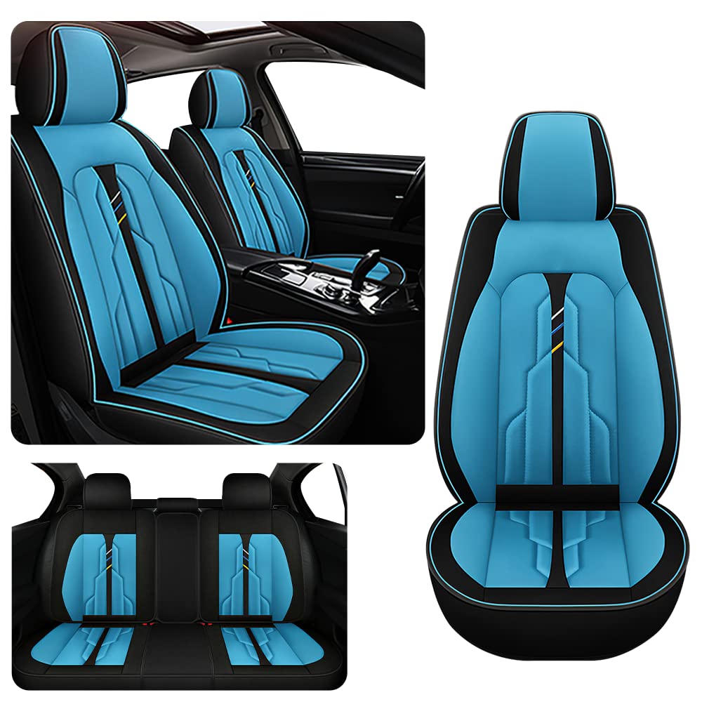 VECOZA Fiat 500 2012-2019 汽車座椅套，耐用耐磨防水運動座椅套，透氣優質皮革汽車內裝配件。 （5 人座標準/黑/藍）