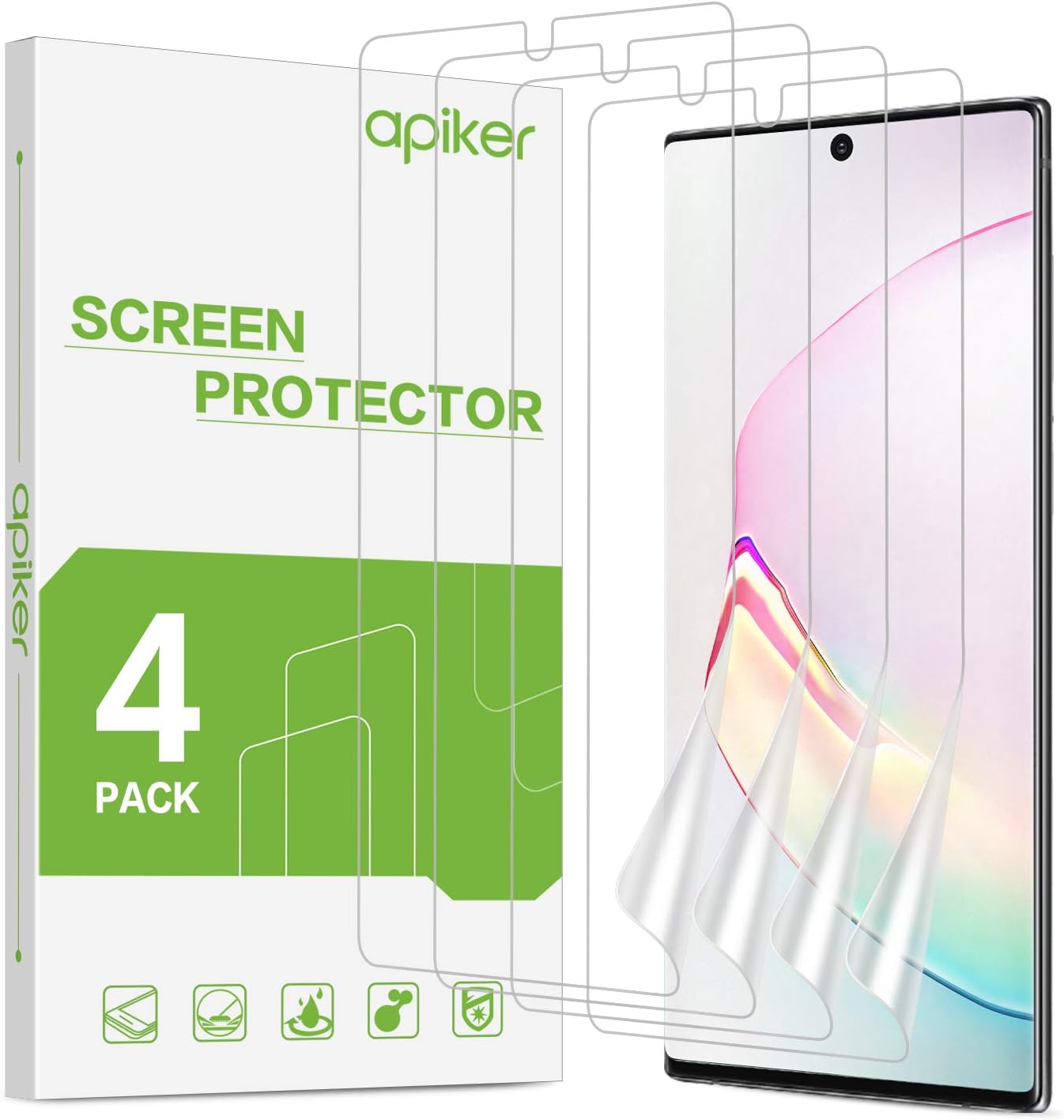 apiker 四片裝螢幕保護貼，相容於三星 Galaxy Note 10 Plus，柔軟 TPU 材質，支援指紋辨識感應器