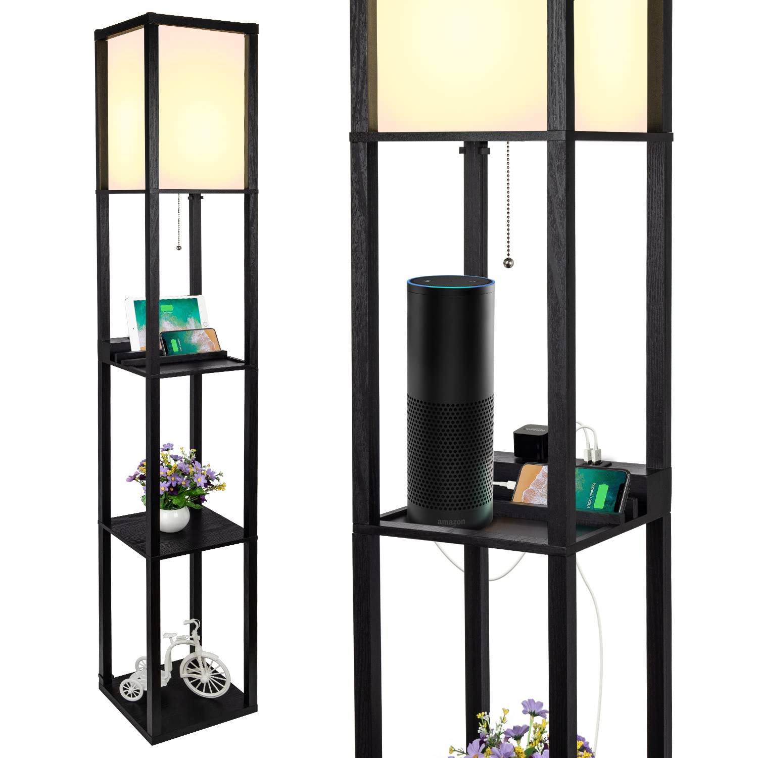 SHINE HAI 三合一落地置物架燈，帶 2 個 USB 接口和 1 個電源插座，三層 LED 置物架落地燈，集置物架、儲物和 LED 落地燈於一體，現代風格，適用於客廳、臥室。