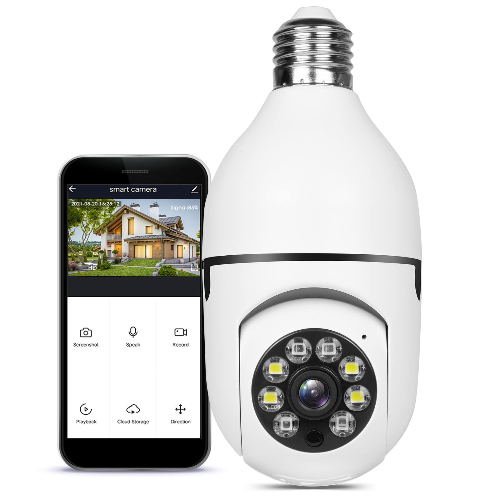 燈泡式安防攝像頭，家用WiFi 360度全景雲台攝像頭，無線家用監視器系統，帶人體移動偵測和警報功能，雙向語音通話，夜視功能