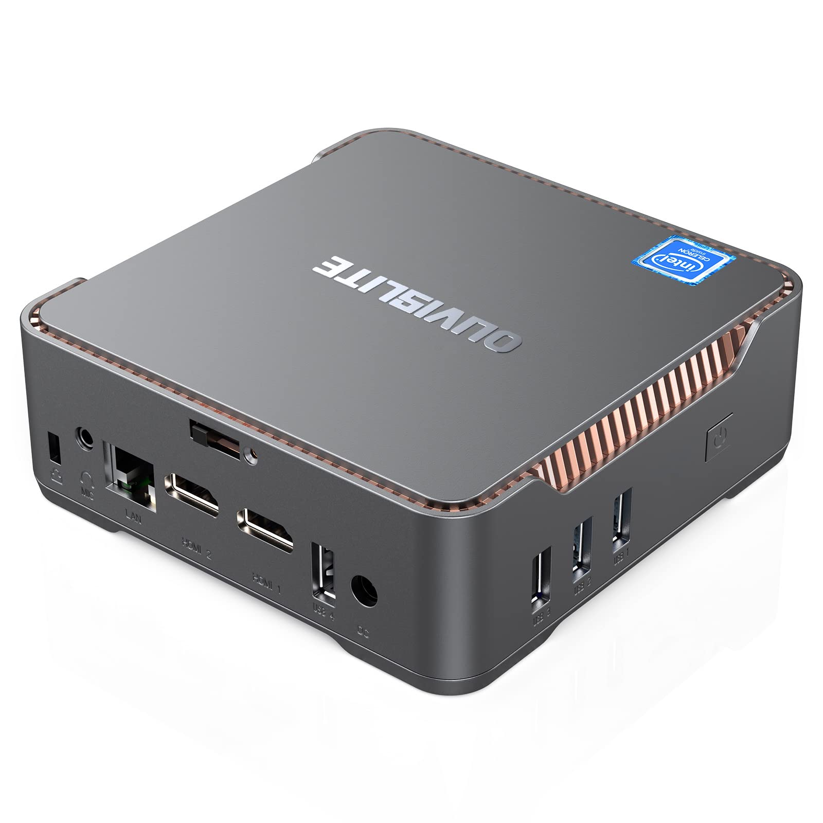 迷你電腦，英特爾賽揚N3350處理器（最高2.4GHz），4GB DDR3內存，64GB eMMC存儲，預裝Windows 10專業版作業系統，支援2TB硬碟擴展，配備4K HDMI三螢幕顯示、雙頻WiFi、藍牙4.2和千兆乙太網路介面。
