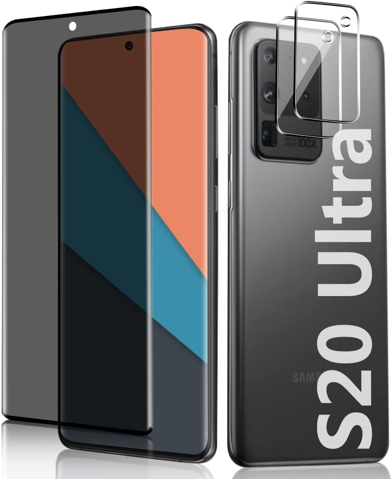 LETANG [1+2 片裝] Galaxy S20 Ultra 隱私螢幕保護貼，附相機鏡頭膜，[3D 全覆蓋][防窺][9H 硬度] 適用於三星 Galaxy S20 Ultra 6.9 吋的強化玻璃螢幕保護膜