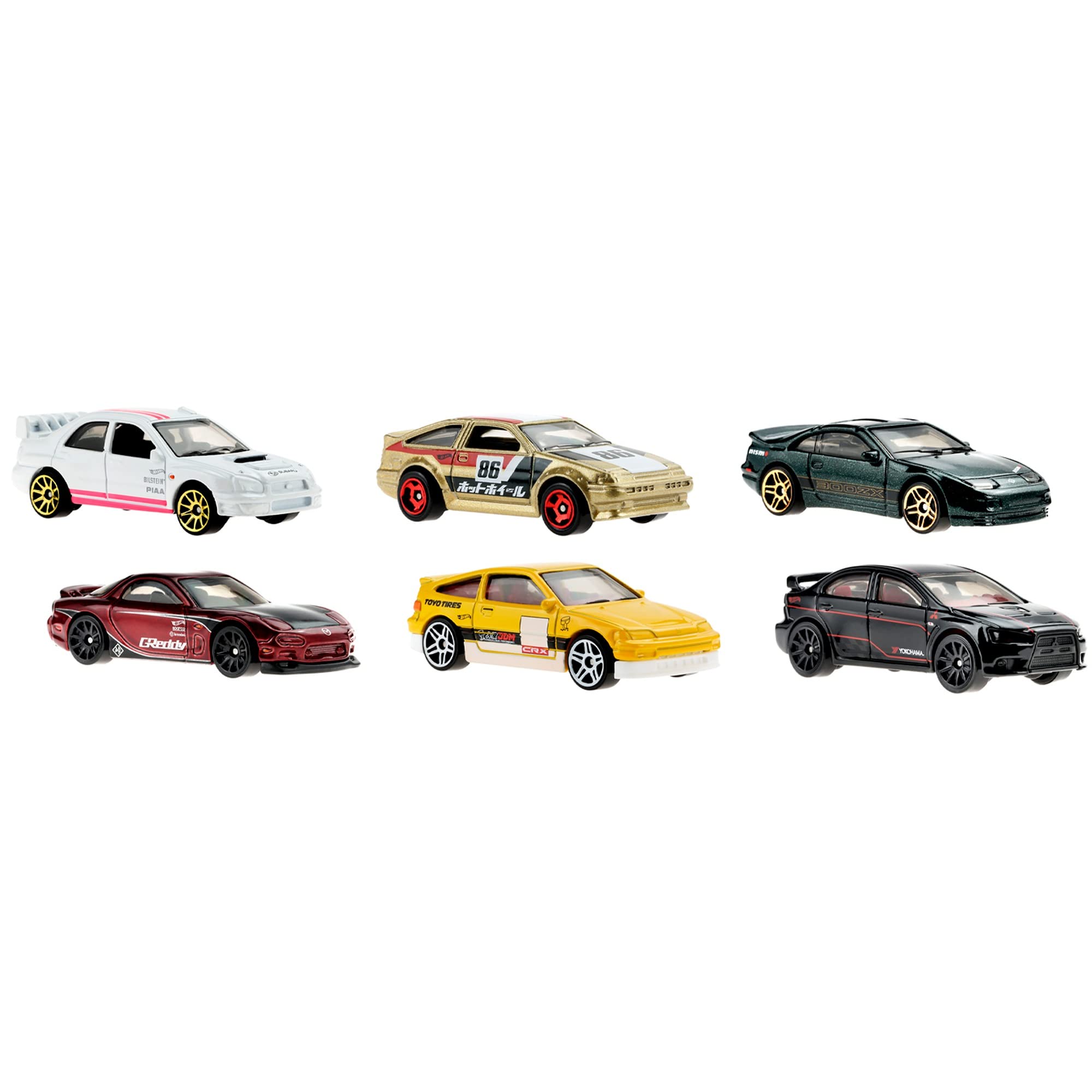 風火輪日本車主題套裝，6輛玩具車，1:64比例，逼真塗裝，熱門造型，車輪可滾動，適合3歲及以上兒童和收藏家。