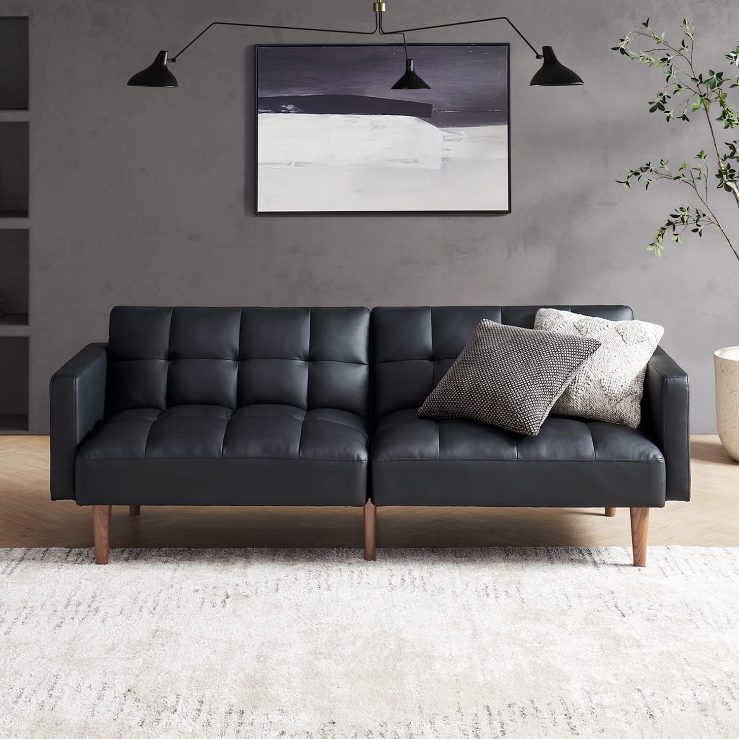 mopio Aaron Futon 可轉換沙發床 Futon 雙人尺寸帶扶手分離式靠背設計 77.5 英寸（人造皮革，午夜黑）