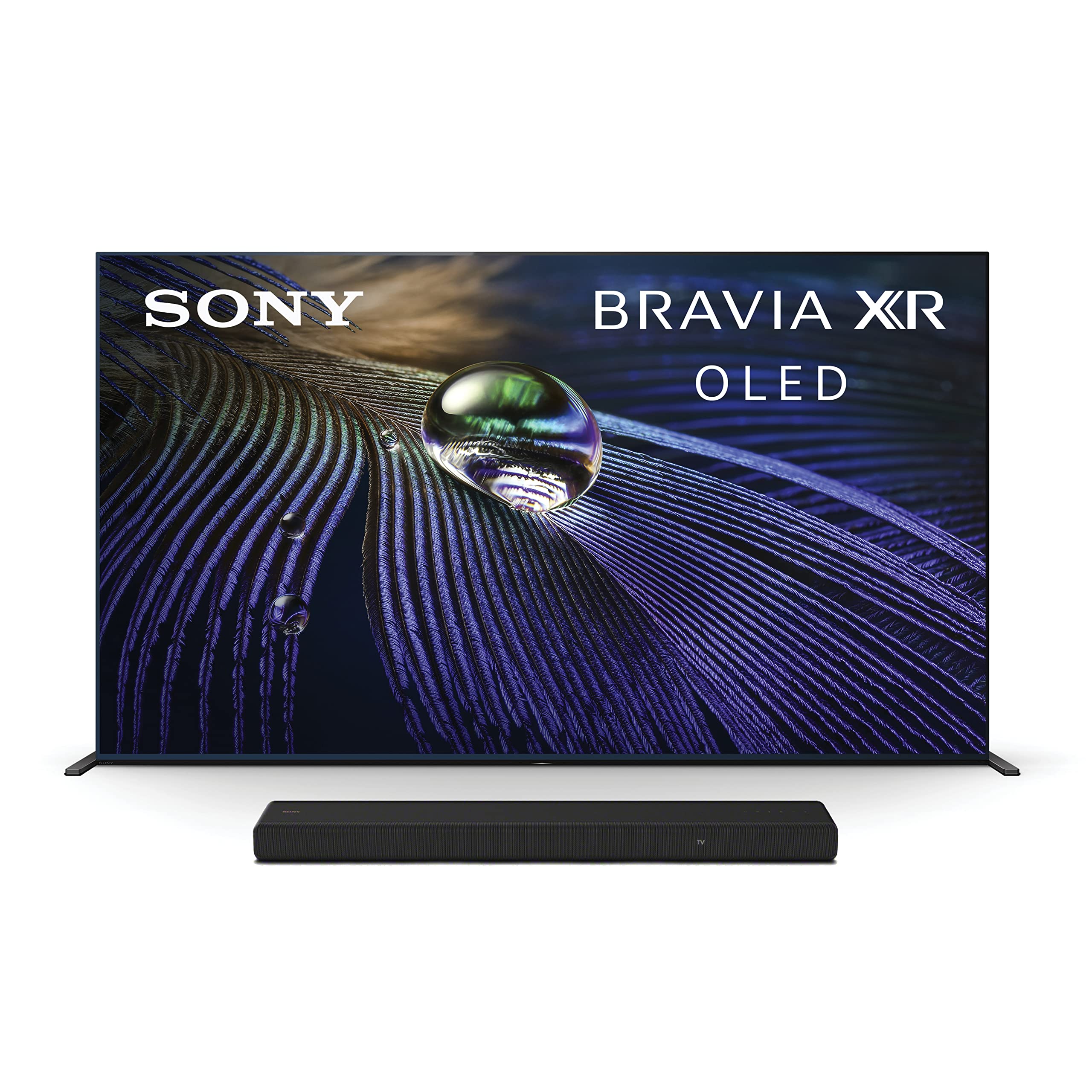 Sony A90J 55 吋電視：BRAVIA XR OLED 4K 超高清智慧 Google 電視，支援杜比視界 HDR 和 Alexa 語音助手，型號 XR55A90J-2021，搭配索尼 HT-A3000 音箱。