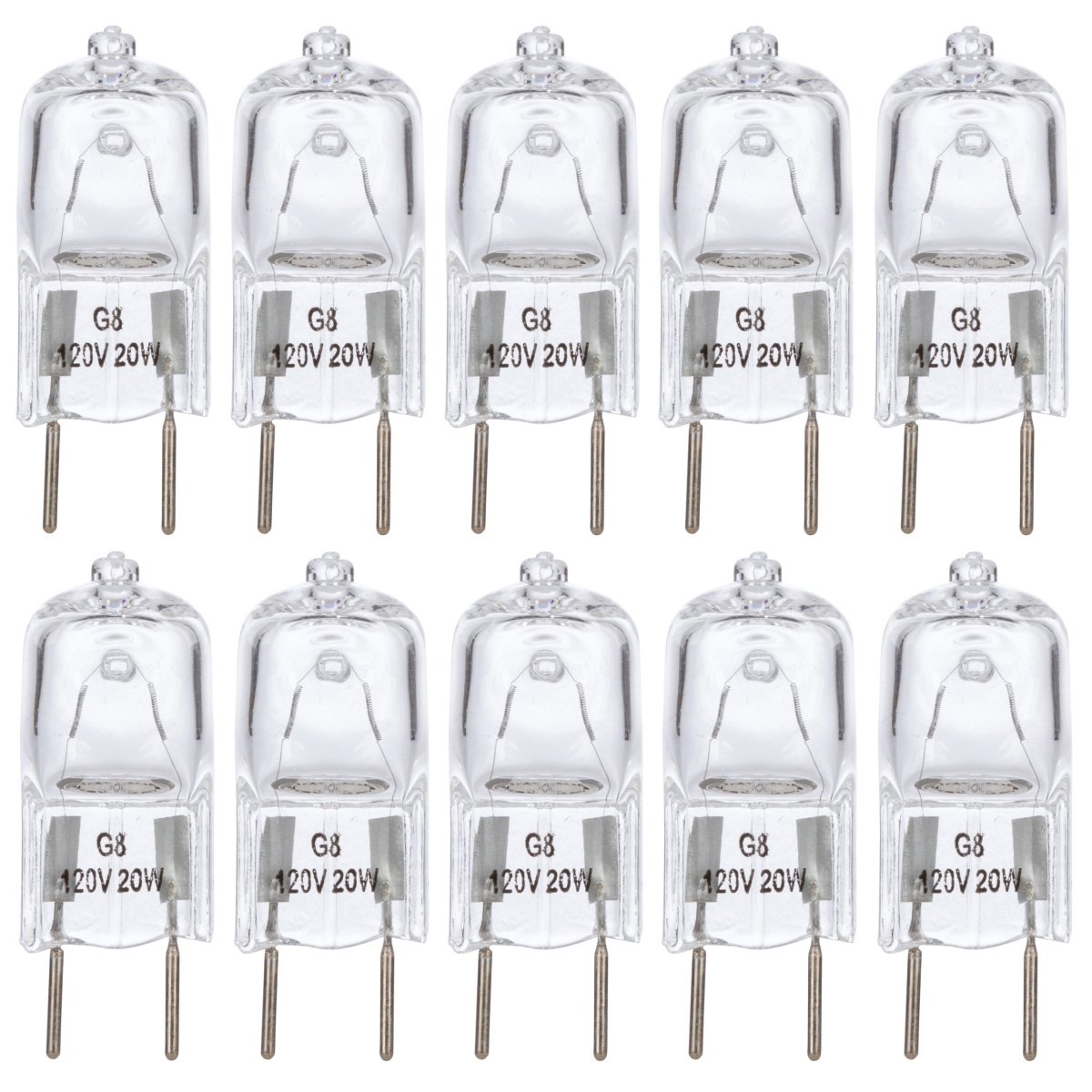 Simba Lighting G8 T4 20W JCD 雙針鹵素燈泡（10 個裝），短款 1-3/8 英吋（1.38 英吋）長度，適用於櫥櫃下射燈、廚房油煙機、景觀燈、檯燈，120V 可調光，2700K 白光