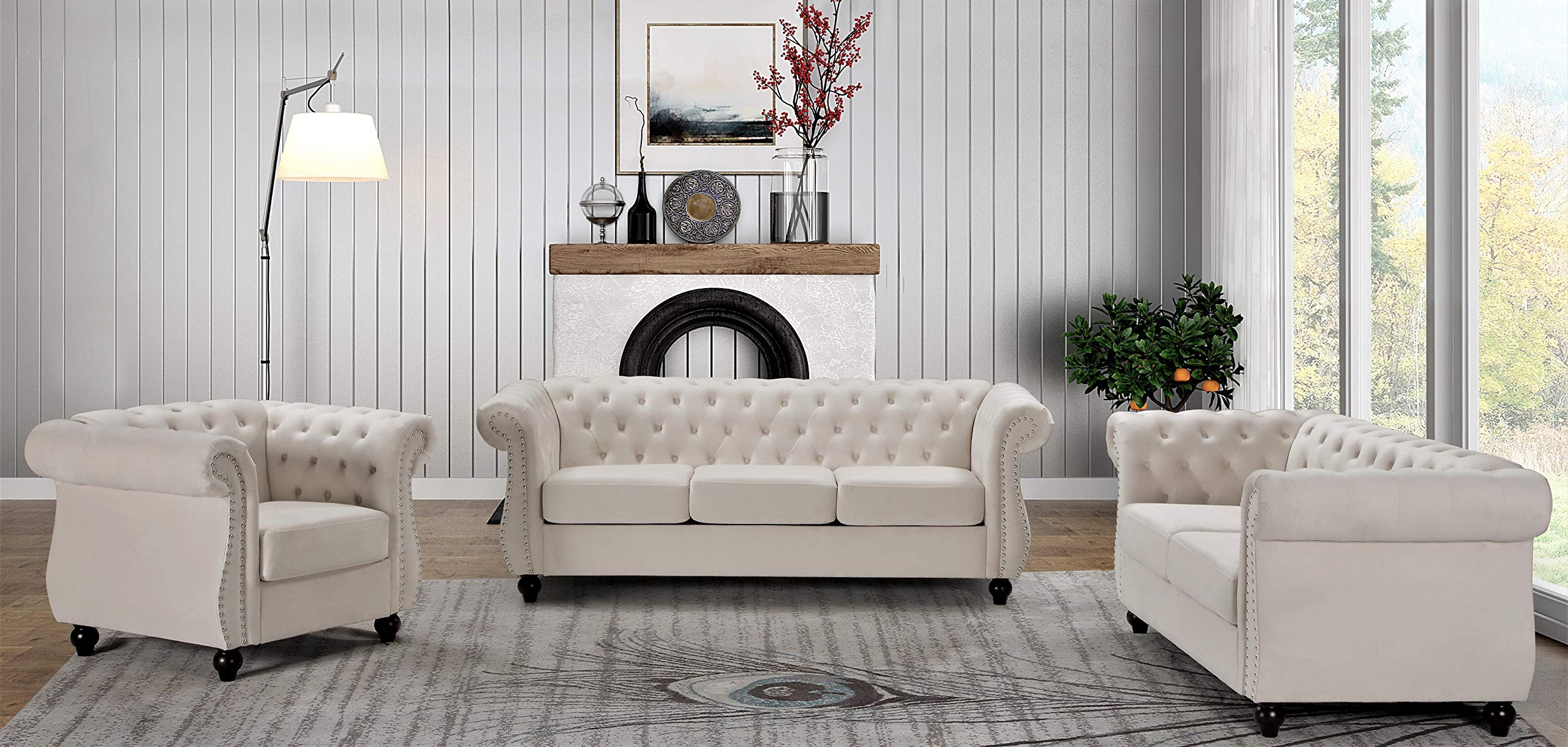 Container Furniture Direct 現代天鵝絨軟墊客廳切斯特菲爾德沙發套裝，三件套，象牙色