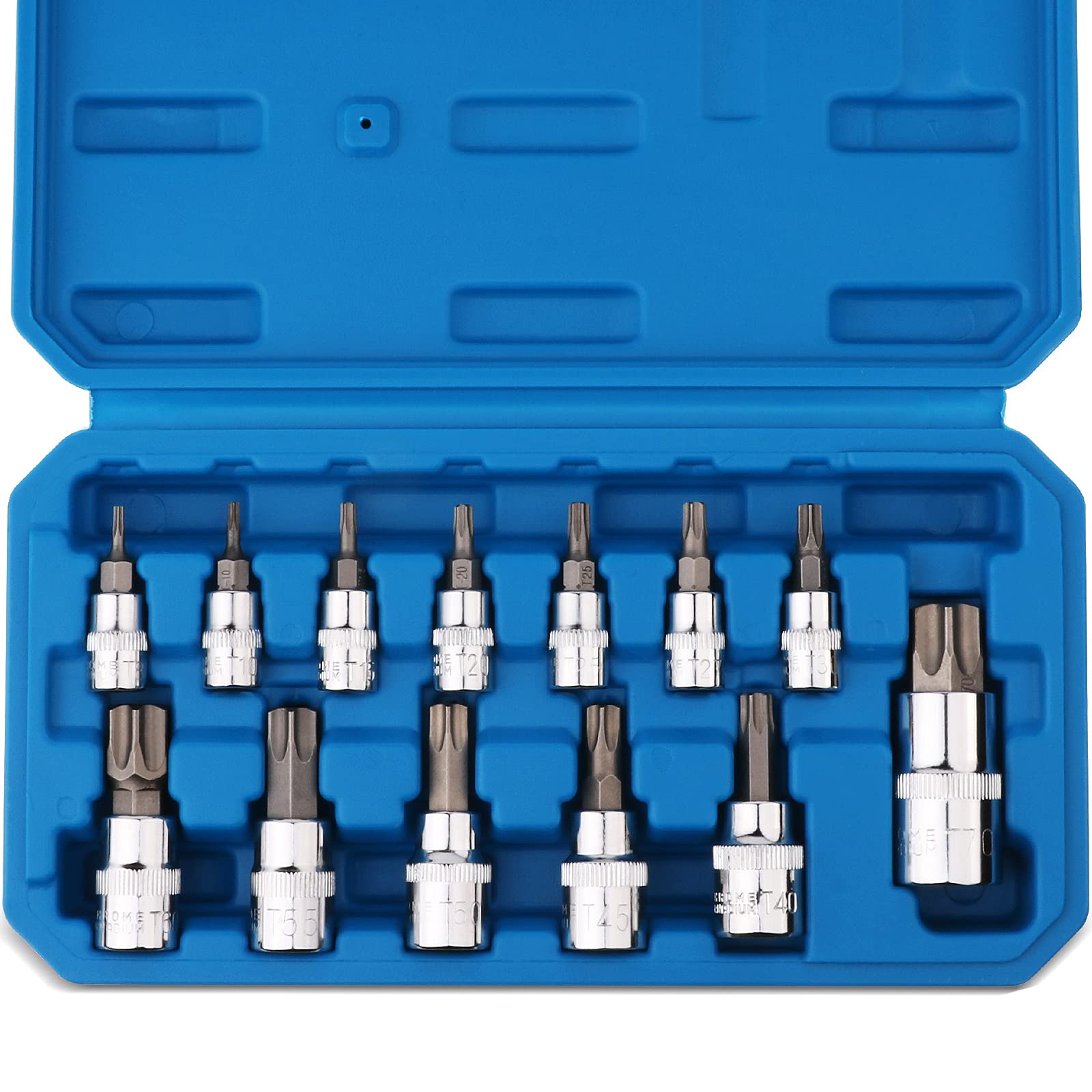 PTSTEL 13件組T8-T70 Torx星形套筒組，CRV材質，1/4吋、3/8吋和1/2吋驅動，適用於手動操作，可用於汽車、卡車、家電、草坪設備、機械及其他作業，附收納盒