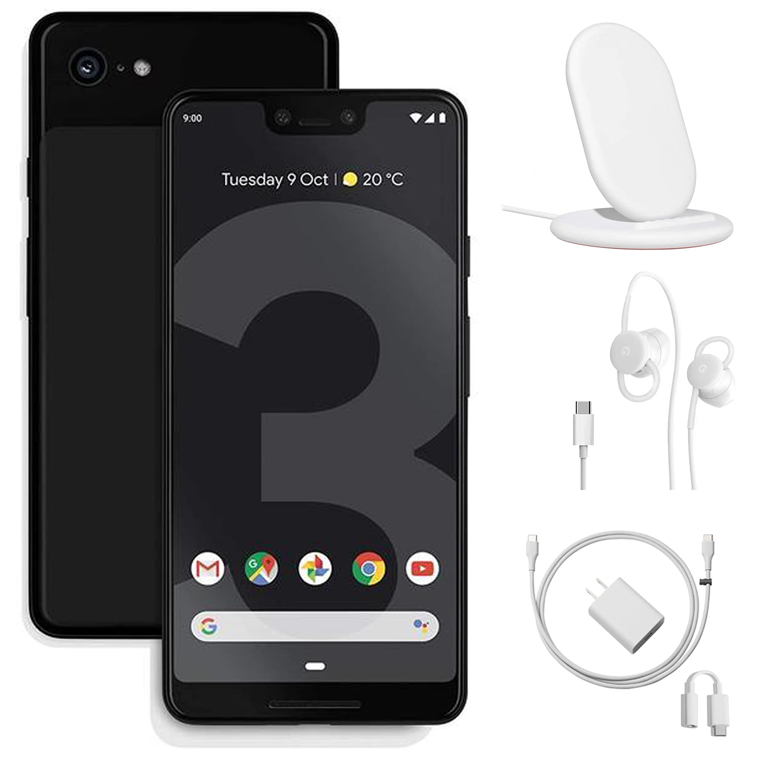 Google Pixel 3 無鎖智慧型手機 - 64GB 內存，純黑色，含充電底座、有線耳機和充電器 - 套裝