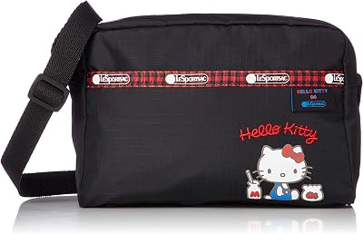 Hello Kitty 精選系列 Daniella 斜背包，款式 2434/顏色 G653，紅色刺繡 Hello Kitty 字母和 Hello Kitty 圖案拉鍊拉片