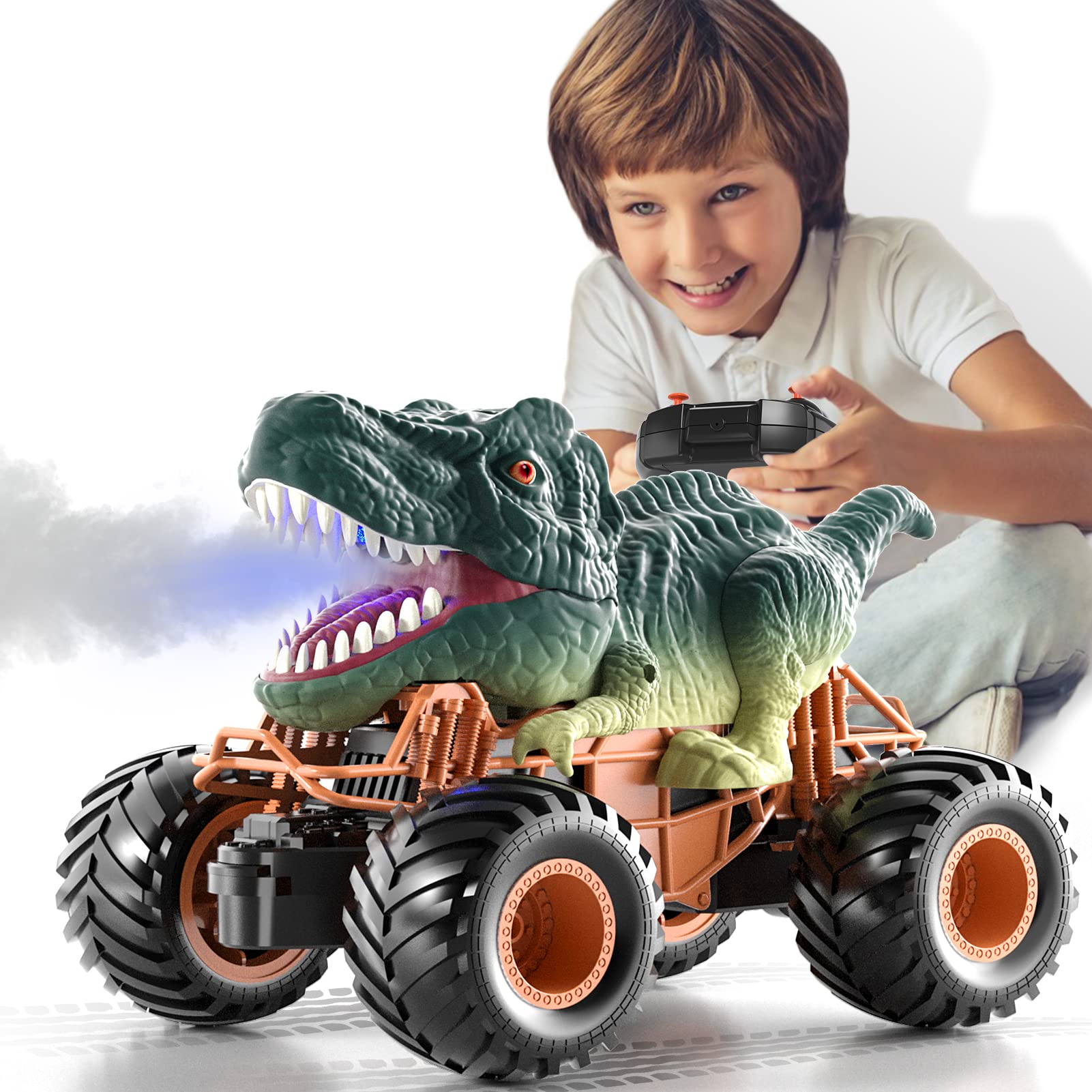 Bennol遙控恐龍車，適合4-7歲男孩兒童，2.4GHz遙控恐龍卡車玩具，電動遙控車玩具，帶燈光、音效和噴水功能，適合3-8歲兒童男孩女孩。