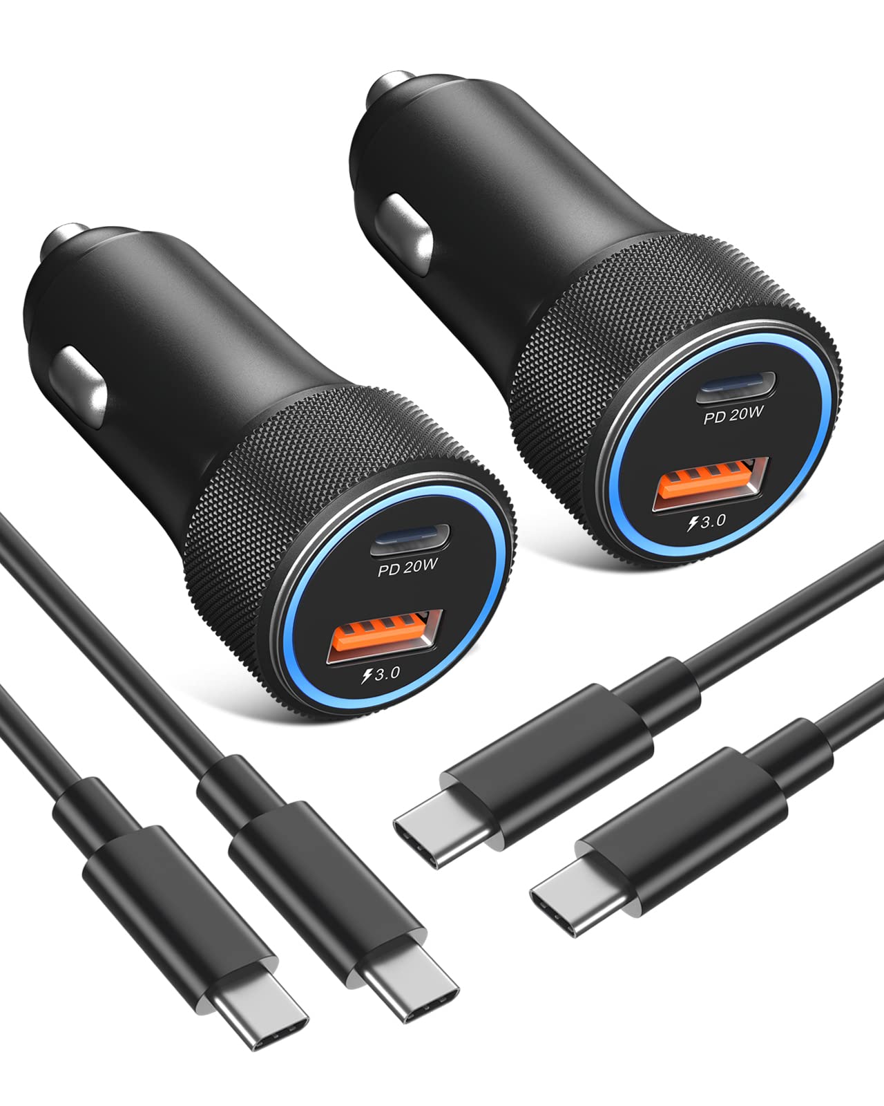 Eversame 36W PD3.0 & QC3.0 雙 USB 快充車用充電器 2 件裝，適用於三星 Galaxy S22/S21/Google Pixel 6/iPhone 14/14 Pro Max/14 Pro/14 Plus/13/12/iPad Pro，6 英尺 C-C 連接線，黑色