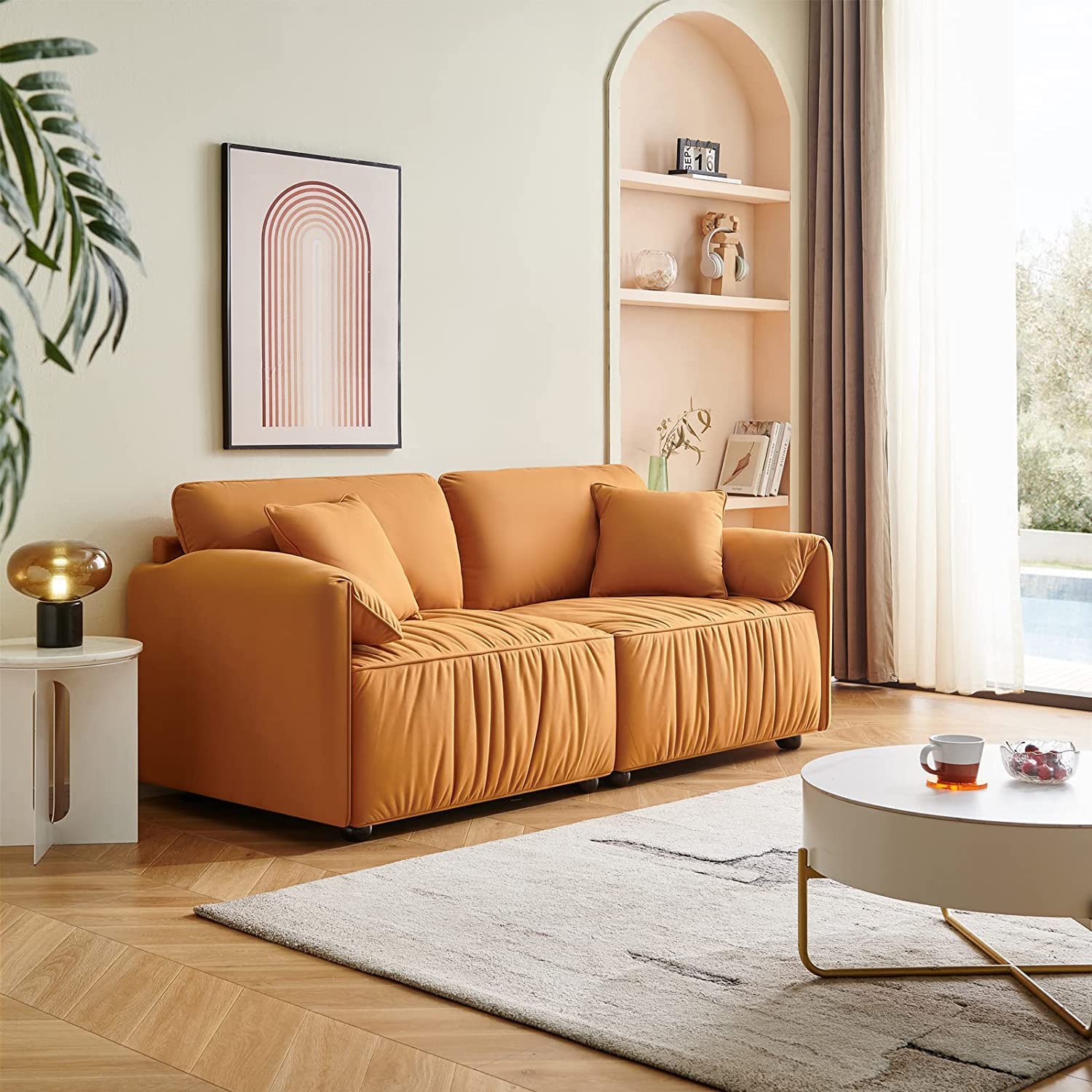 gefayluo 現代沙發雙人沙發，75.6 吋沙發，大型深座沙發，硬木框架雙人沙發，中世紀風格軟墊沙發，適用於客廳、臥室、公寓（橘色）