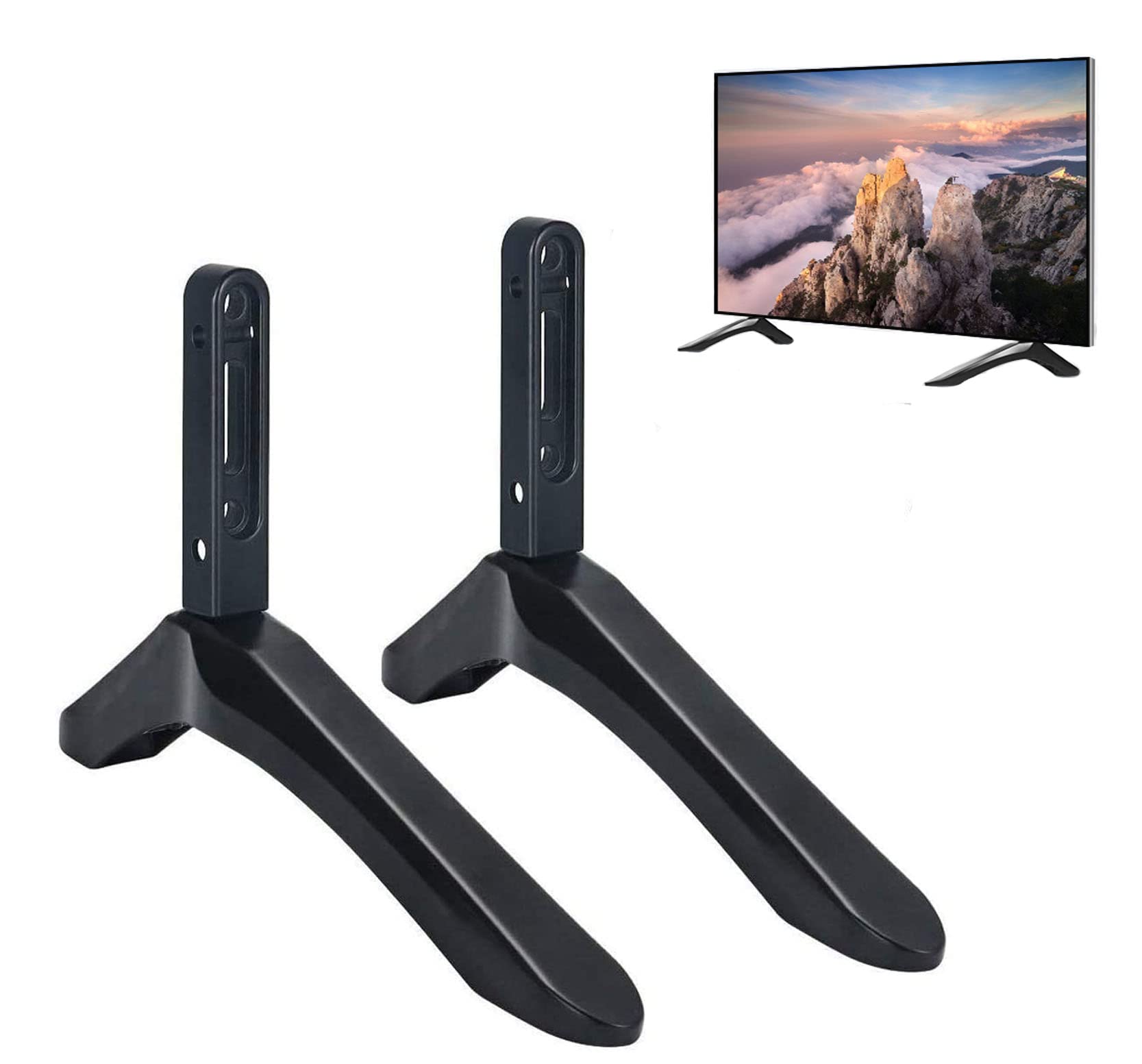 通用電視支架，桌上電視底座，電視腿，電視底座腳，適用於 Vizio、三星、LG、TCL 等電視，安裝孔距為 2.16 英吋/5.5 公分或 1.77 英吋/4.5 公分以內。