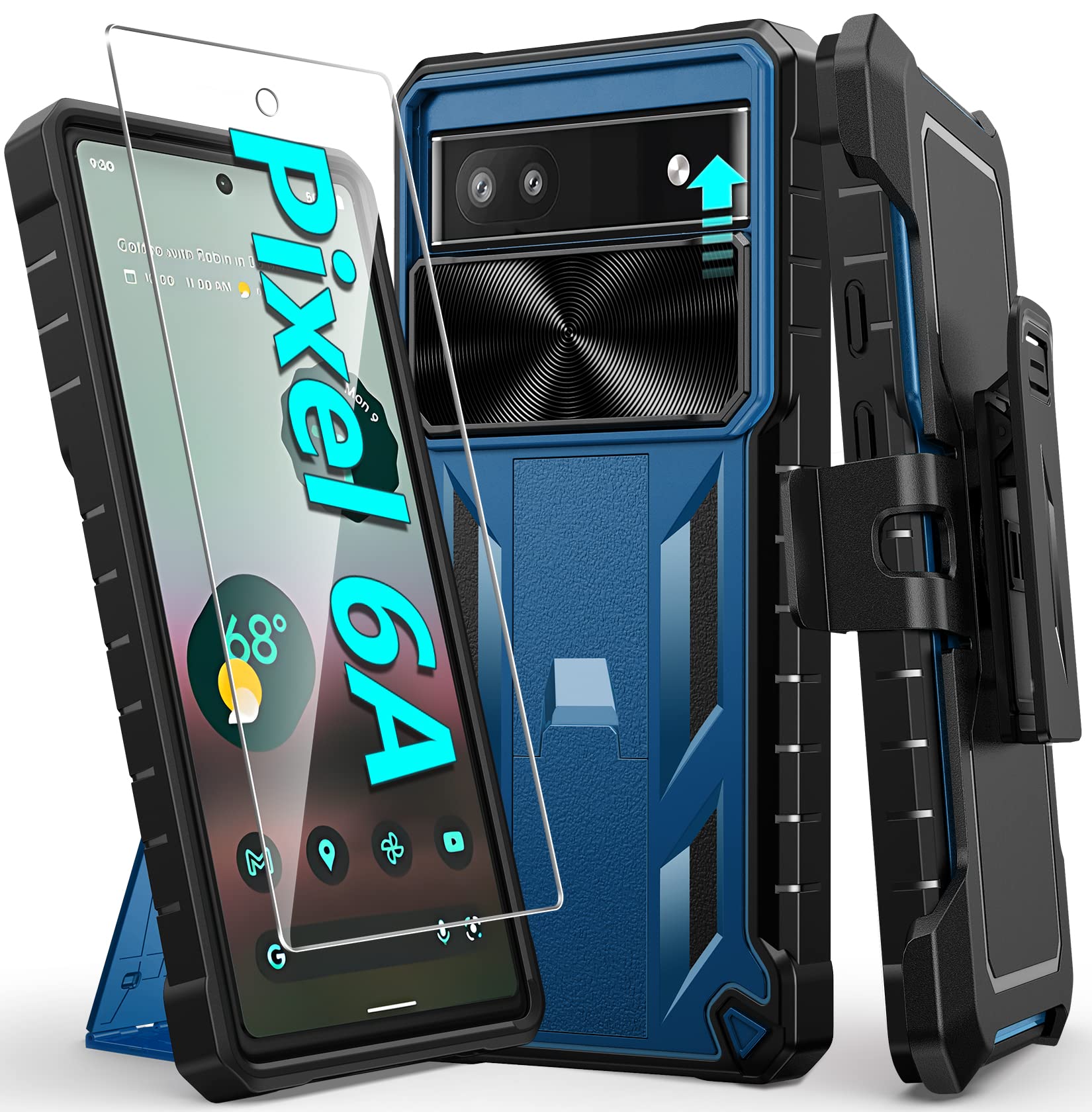 FNTCASE 適用於 Google Pixel 6a 的手機殼：軍規級防摔保護殼，堅固耐用，帶腰帶夾支架 | 防震 TPU 啞光紋理邊框，重型防護 - 藍色