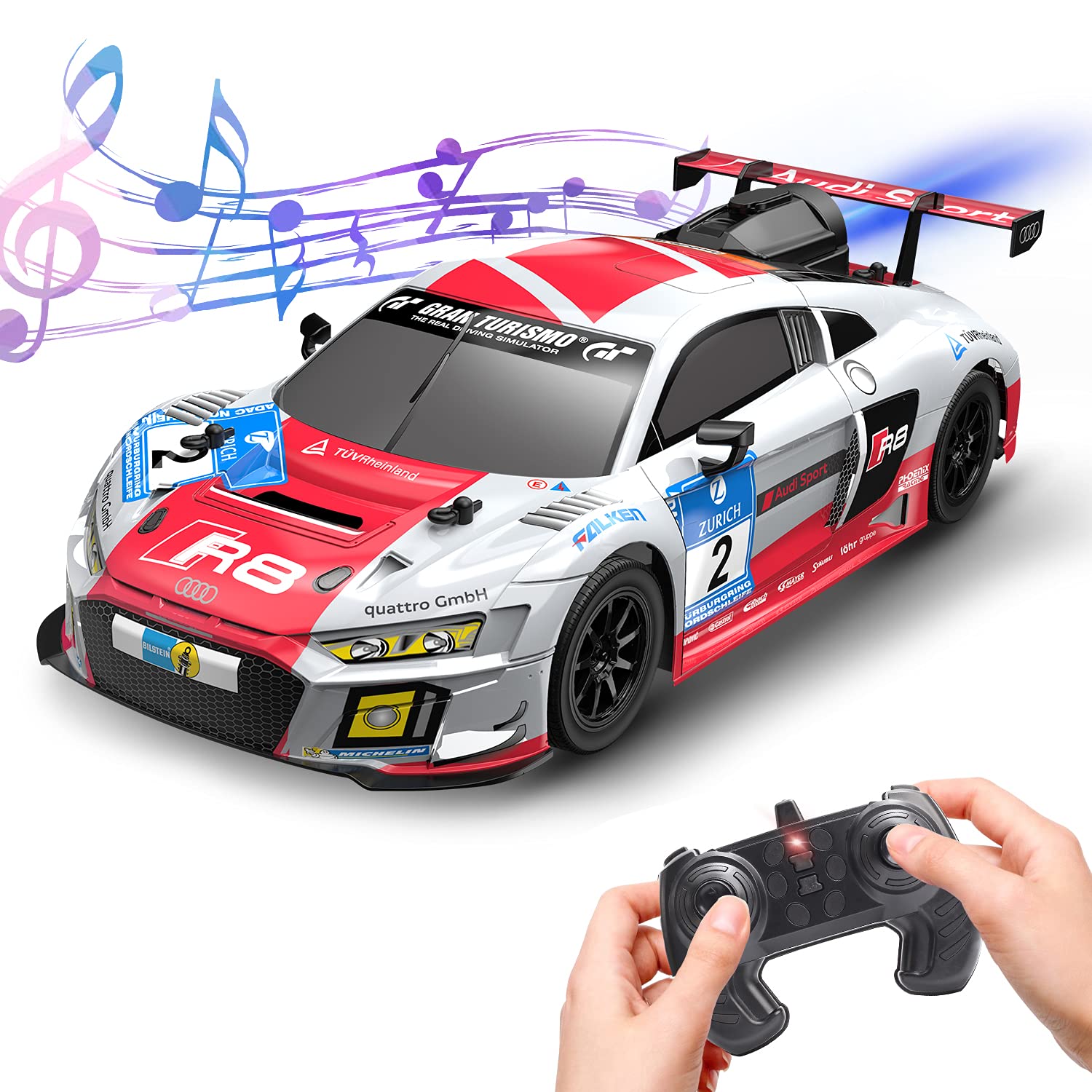 遙控車，兒童遙控車，1:14 官方授權奧迪 R8 LMS GT3，80 分鐘玩樂時間，帶後霧燈、LED 燈和音樂，適合男孩、女孩和成人的愛好玩具車模型，禮物