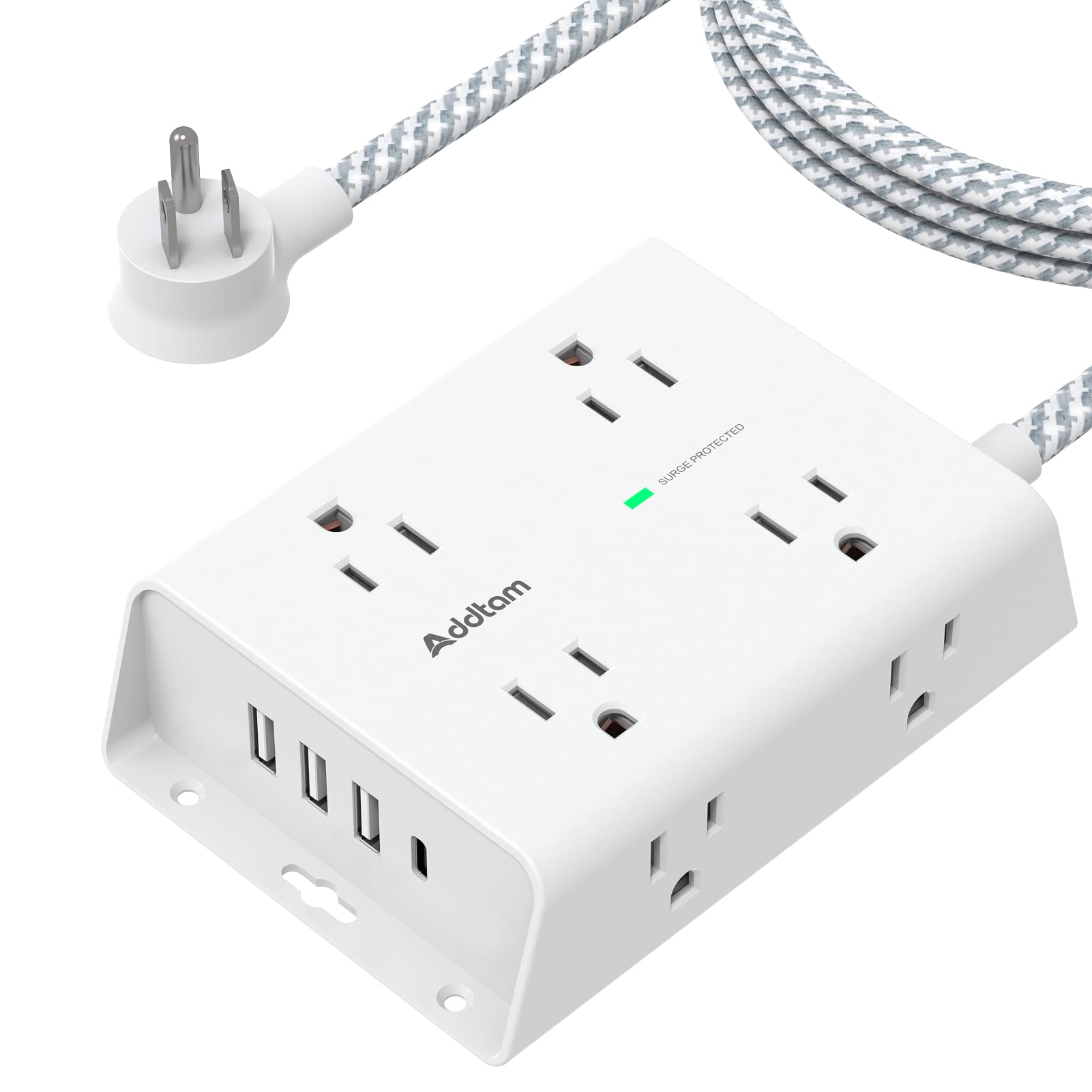 防浪湧電源插排 - 8 個寬插座，帶 4 個 USB 連接埠（1 個 USB-C 連接埠），Addtam 三面插座擴展插排，帶 5 英尺延長線，扁平插頭，可壁掛安裝，適用於宿舍、家庭辦公室，已通過 ETL 認證