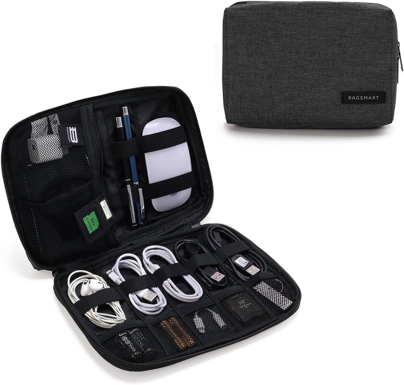 BAGSMART 電子產品收納包，小型旅行電纜收納包，適用於硬碟、線、手機、USB、SD卡，黑色