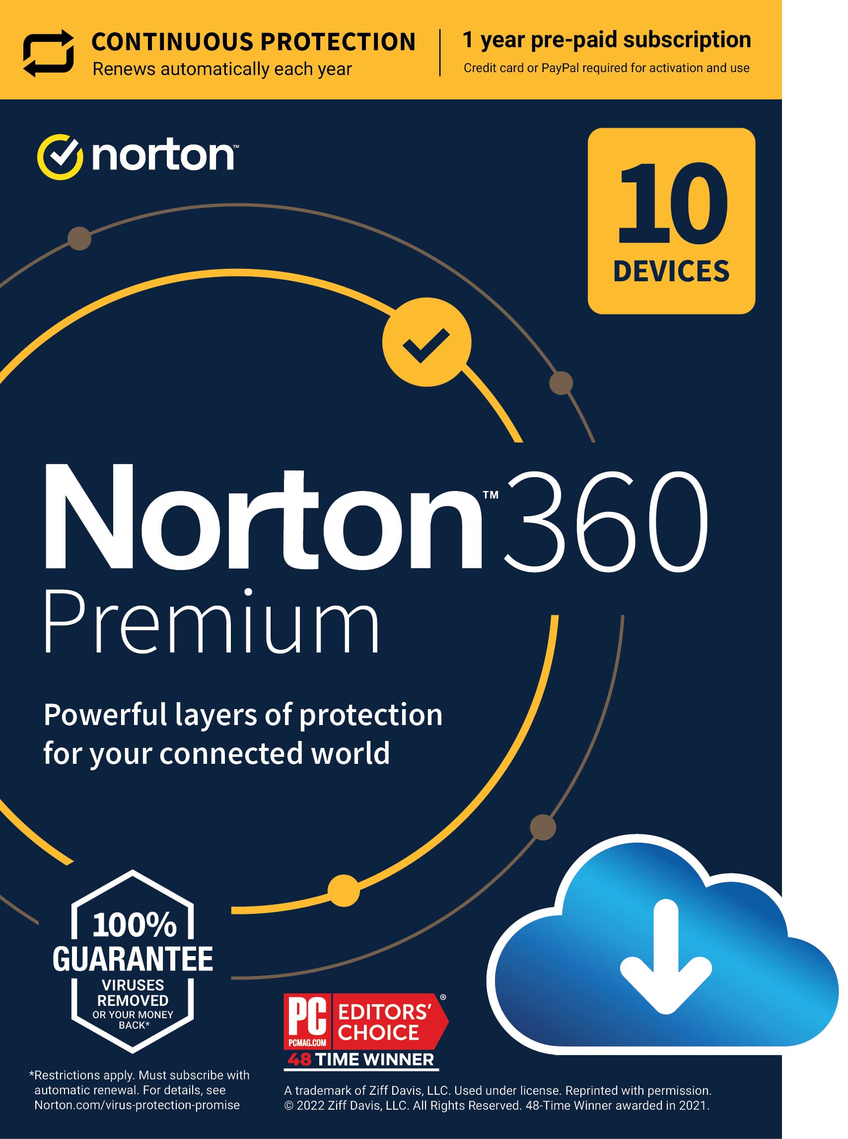 Norton 360 Premium，2023 年更新版，適用於 10 台裝置的防毒軟體，自動續訂 - 包含 VPN、PC 雲端備份和暗網監控 [下載]
