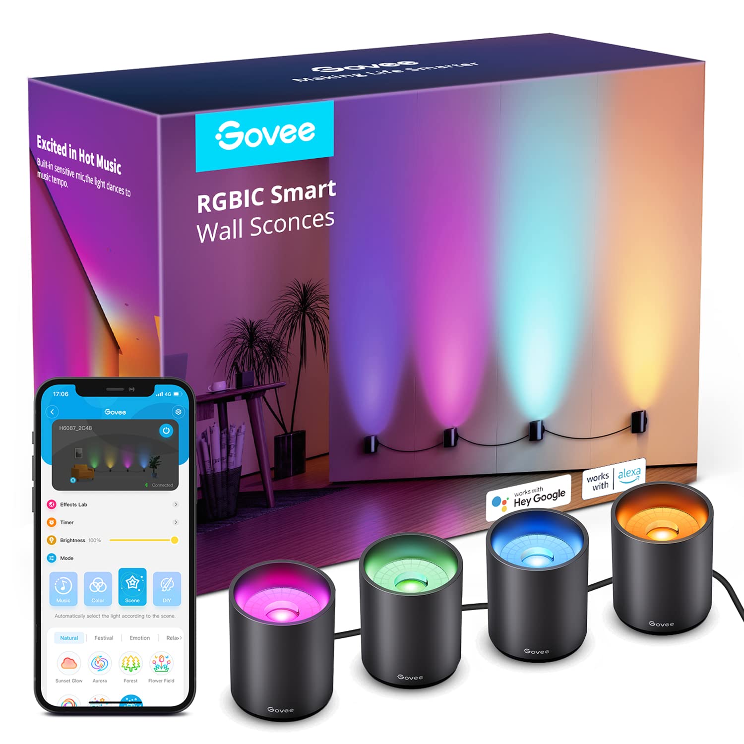 Govee RGBIC智慧壁燈，音樂同步家居裝飾WiFi壁燈，相容於Alexa，多色LED壁燈，適用於派對和裝飾，30多種動態場景室內照明燈具，適用於客廳、臥室