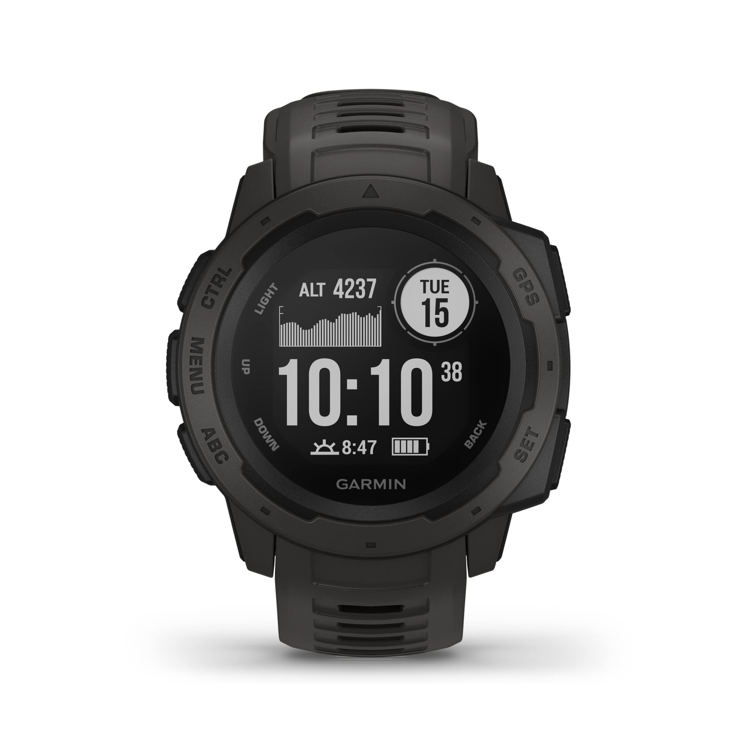 Garmin 010-02064-00 Instinct，堅固耐用的戶外腕錶，配備 GPS、GLONASS 和 Galileo 定位系統、心率監測和三軸羅盤，石墨色