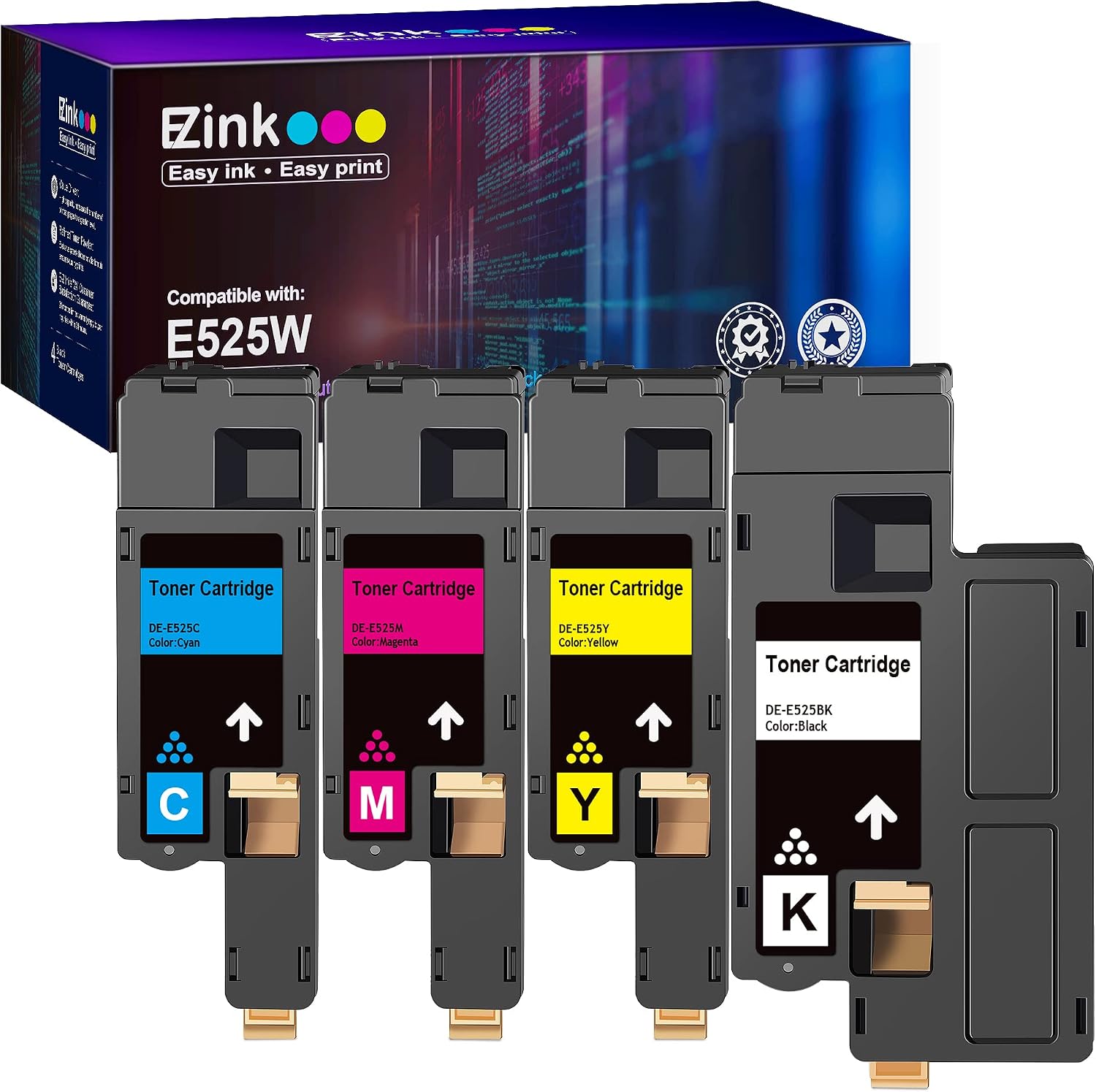 E-Z Ink (TM) 相容於碳粉匣，適用於戴爾 E525W E525 525w 無線彩色印表機，型號為 593-BBJX 593-BBJU 593-BBJV 593-BBJW（黑色、青色、品紅色、黃色，4 個裝）