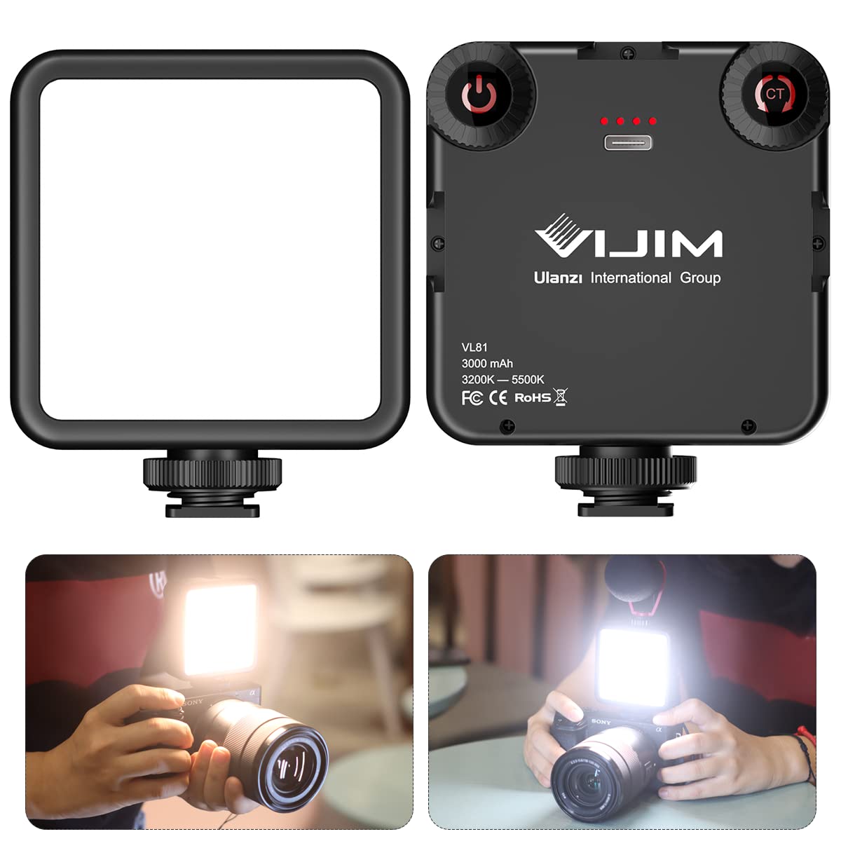 VL-81 LED 攝影燈帶柔光箱，便攜式冷靴接口，適用於相機冷靴，顯色指數 CRI95+，3200K-5600K 雙色溫，3000mAh 可充電可調光 Vlog 燈，適用於單反相機、攝影機、GoPro 等設備。