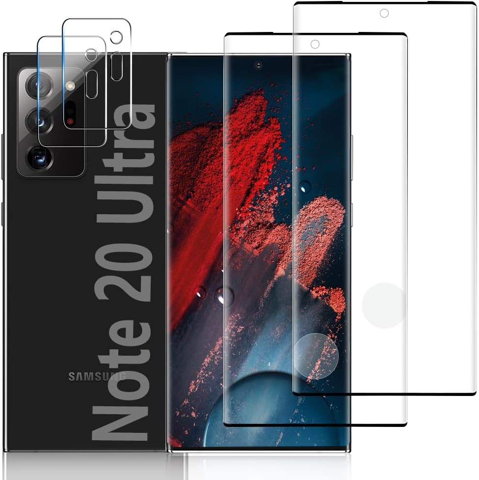 【2+2 片裝】三星 Galaxy Note 20 Ultra 螢幕保護貼，附相機保護膜，【支援指紋解鎖】【9H 硬度】【3D 曲面保護蓋】適用於三星 Galaxy Note 20 Ultra (6.9 吋)
