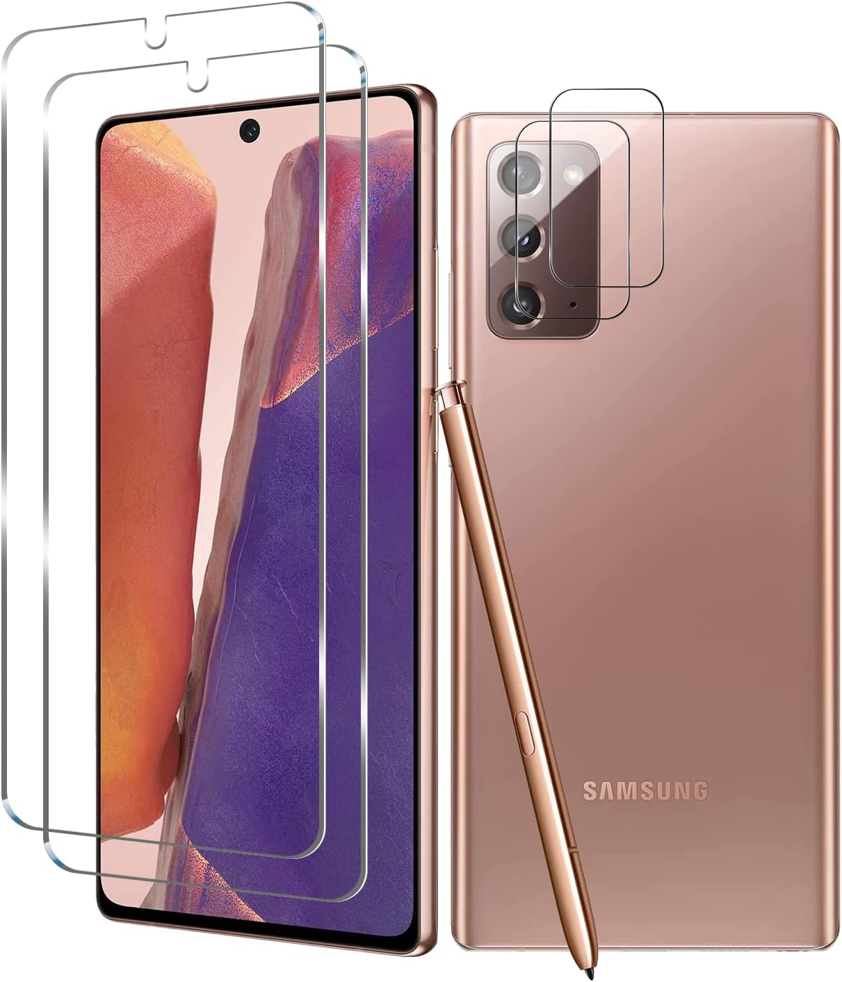 三星 Galaxy Note 20 強化玻璃螢幕保護貼 + 相機鏡頭保護膜 [2+2 片裝] [相容指紋辨識] [防刮花] [相容手機殼] 高清透明保護膜，適用於三星 Galaxy Note 2