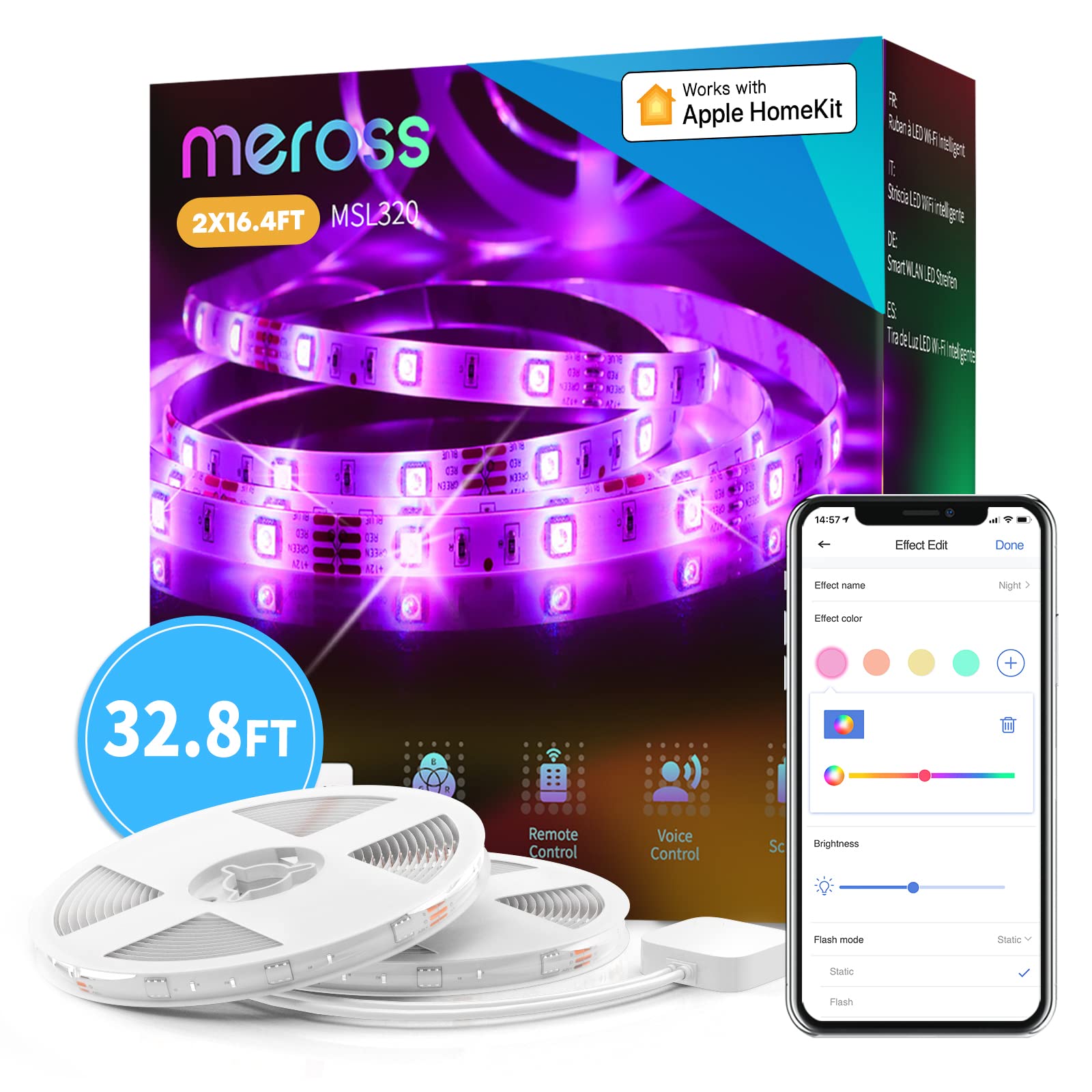 meross 智慧 LED 燈帶，相容於 Apple HomeKit，32.8 英尺 WiFi RGB 燈帶，相容於 Siri、Alexa、Google 和 SmartThings，可透過 App 控制，採用保護塗層設計