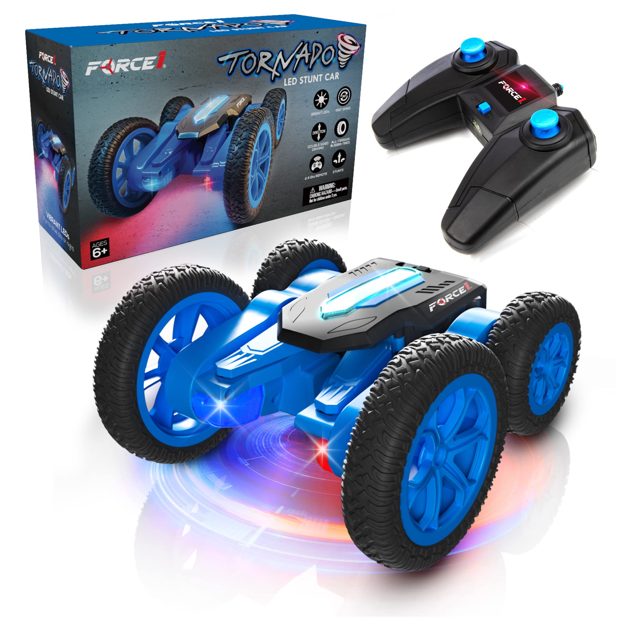 Force1 Tornado LED遙控車，兒童專用 - 雙面高速遙控車，四驅越野特技車，可360度翻轉，全地形輪胎，LED燈，遙控攀爬車可充電玩具電池，簡易兒童遙控器