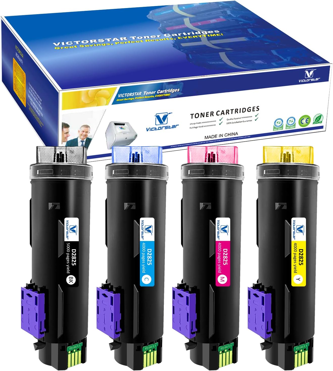 VICTORSTAR 4色相容硒鼓 S2825cdn H625cdw H825cdw【超高容量】黑色列印5000頁，青色、中色和黃色列印4000頁，適用於戴爾彩色雷射印表機 H625cdw H825cdw S2825cd