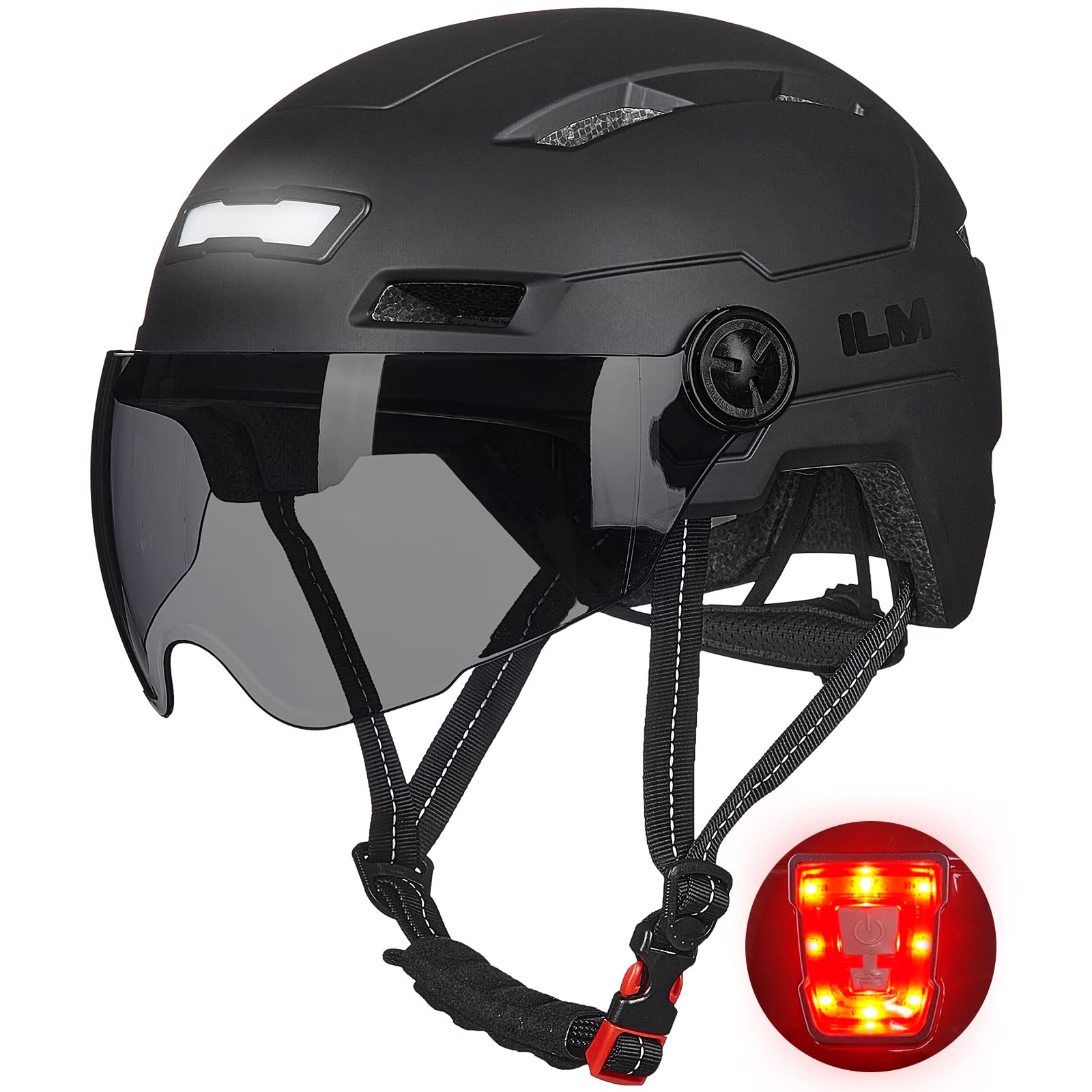 ILM 成人自行車頭盔，帶 USB 充電 LED 前後燈，適用於山地車和公路自行車，男女通用，可拆卸護目鏡，通勤/城市騎行/滑板車頭盔（啞光黑，大號/加大號）