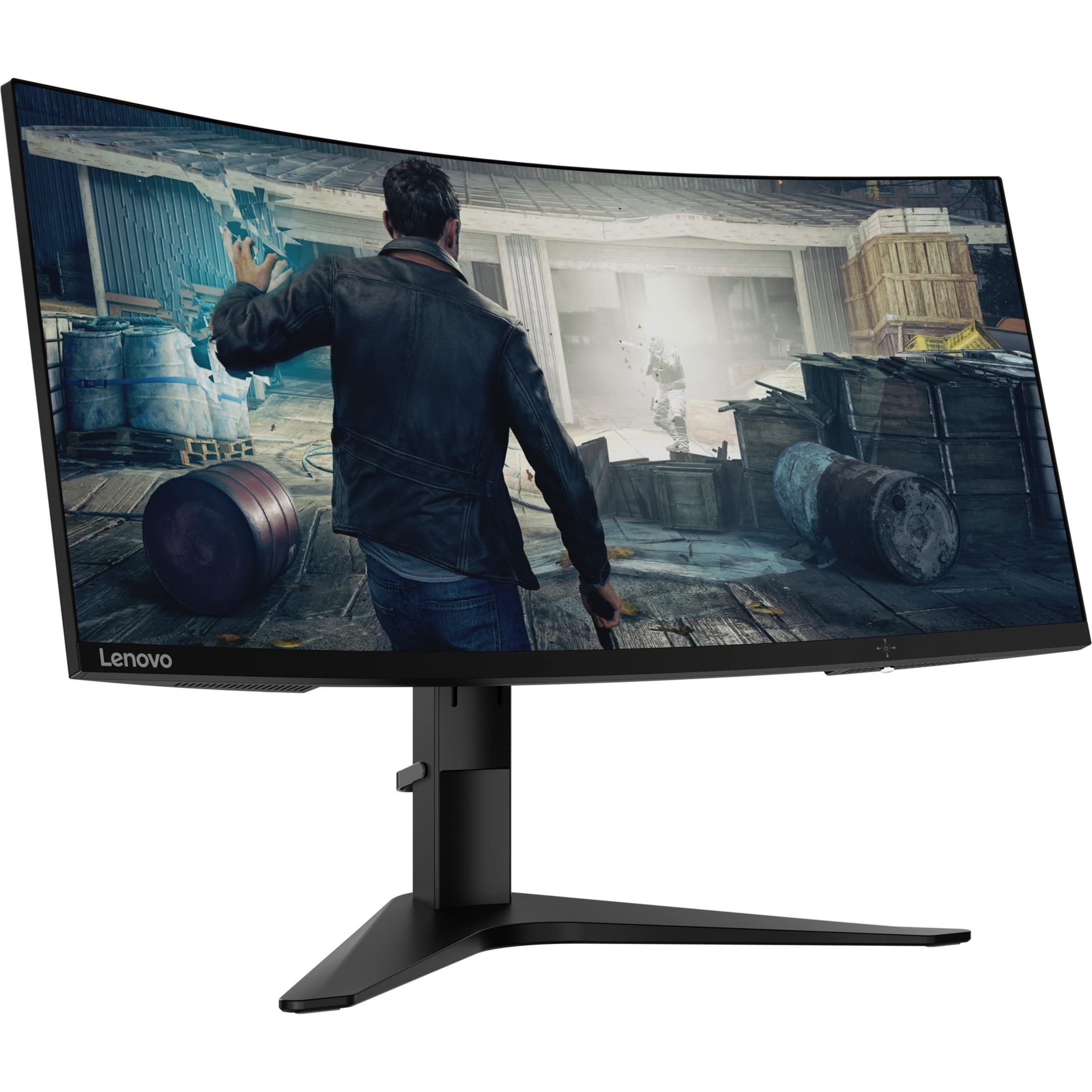 聯想 G34w-10 34 吋 WQHD 曲面遊戲顯示器，21:9 超寬屏，三面近乎無邊框設計，支援 AMD FreeSync 技術，144Hz 刷新率，配備 HDMI 和 DP 接口，可調節支架，支援 VESA 掛壁。