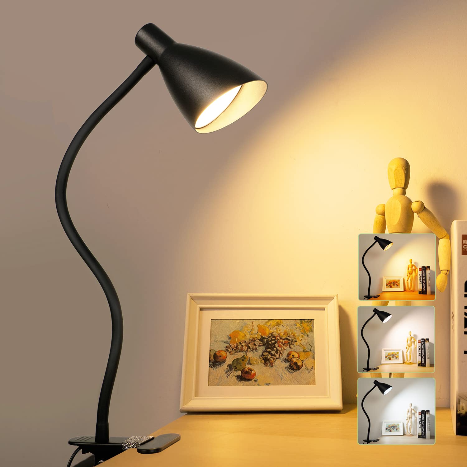 BOHON LED 檯燈閱讀燈護眼 3 種顏色模式 10 級亮度調整 USB 學習書夾燈 360° 靈活夾式夜燈，適用於床頭板、臥室和辦公室