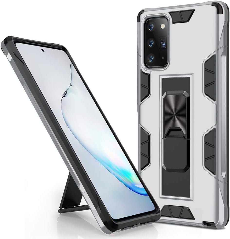 三星 Galaxy Note 20 手機殼 Note 20 5G 手機殼 軍規級防震帶支架內建磁吸車載支架裝甲重型保護殼，適用於 Galaxy Note 20 5G 手機（銀色）