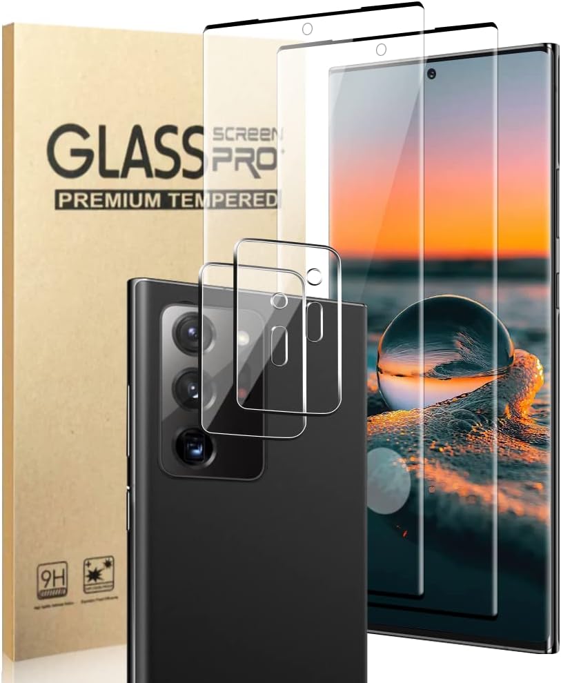 【2+2 片裝】三星 Galaxy Note 20 Ultra 螢幕保護貼，附相機保護膜，【支援指紋解鎖】【9H 硬度】【3D 曲面保護蓋】強化玻璃螢幕保護貼，適用於三星 Galaxy Note 20 Ultra