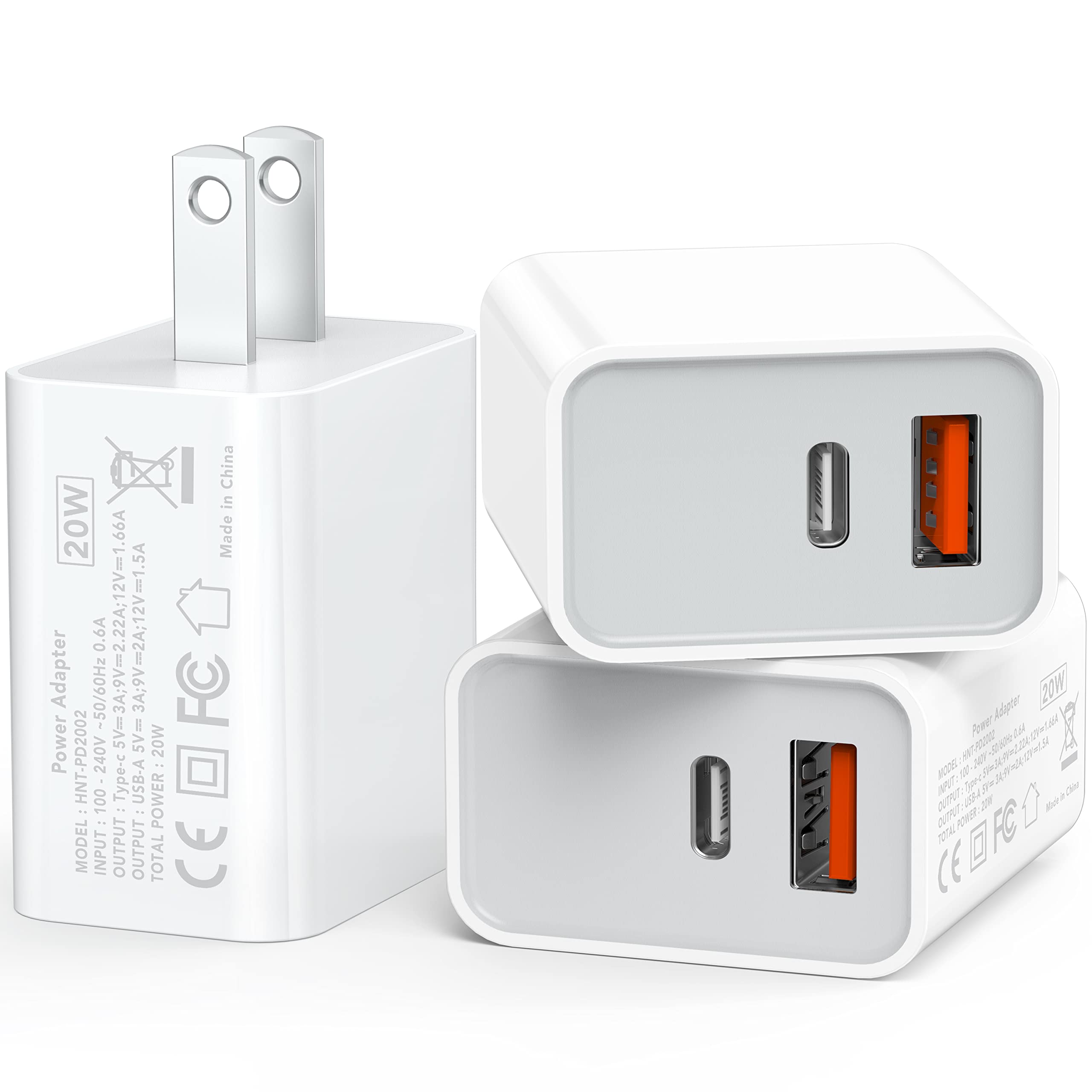 USB-C 牆充 20W，3 件雙連接埠 PD 快充 Type-C 插頭轉接器，適用於 iPhone 13/12/11 /Pro Max, XS/XR/X, iPad Pro, AirPods Pro, Samsung Galaxy（白色）