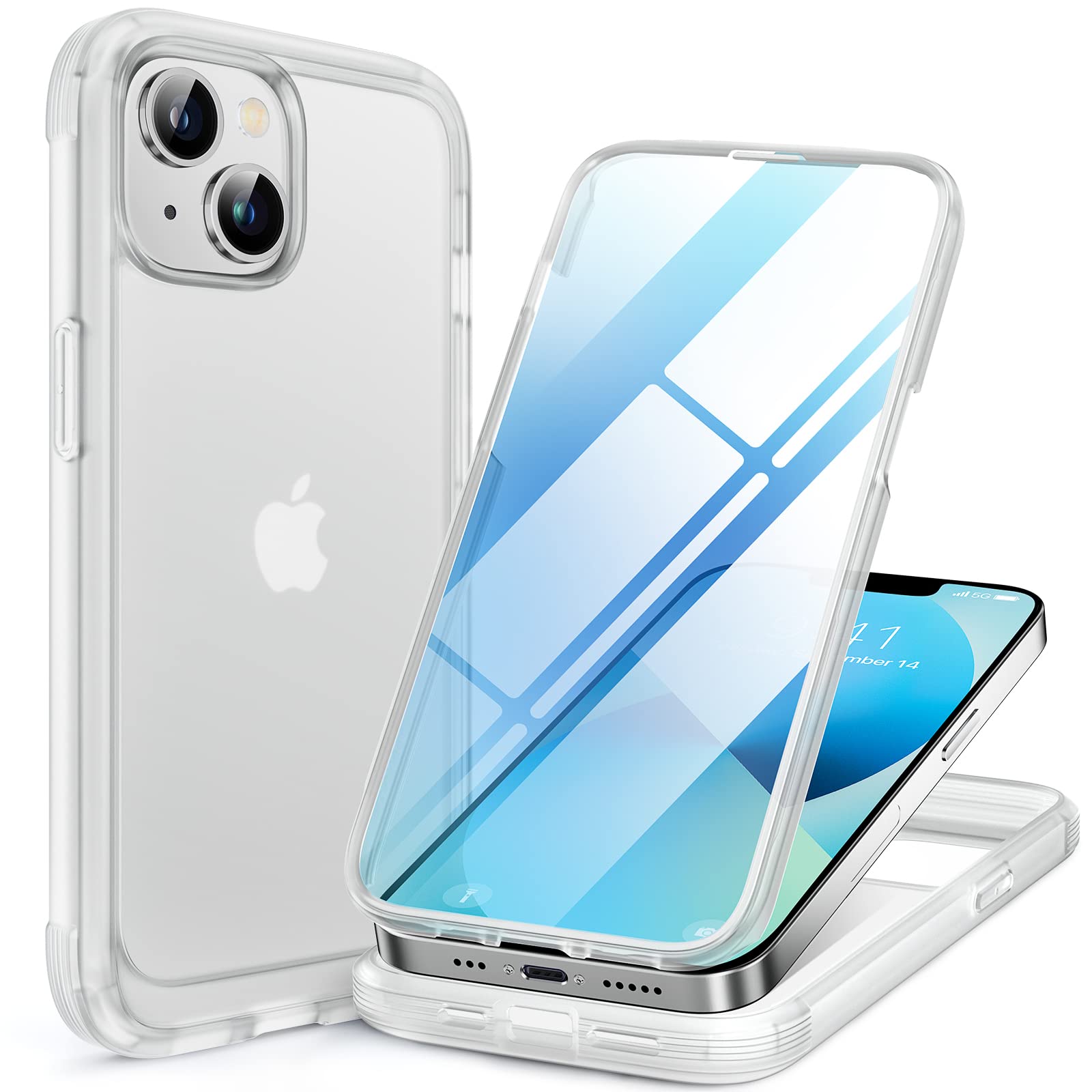 Miracase 適用於 iPhone 13（6.1 吋）的手機殼，2022 新款全包透明玻璃保護殼，內建 9H 強化玻璃螢幕保護貼，磨砂透明