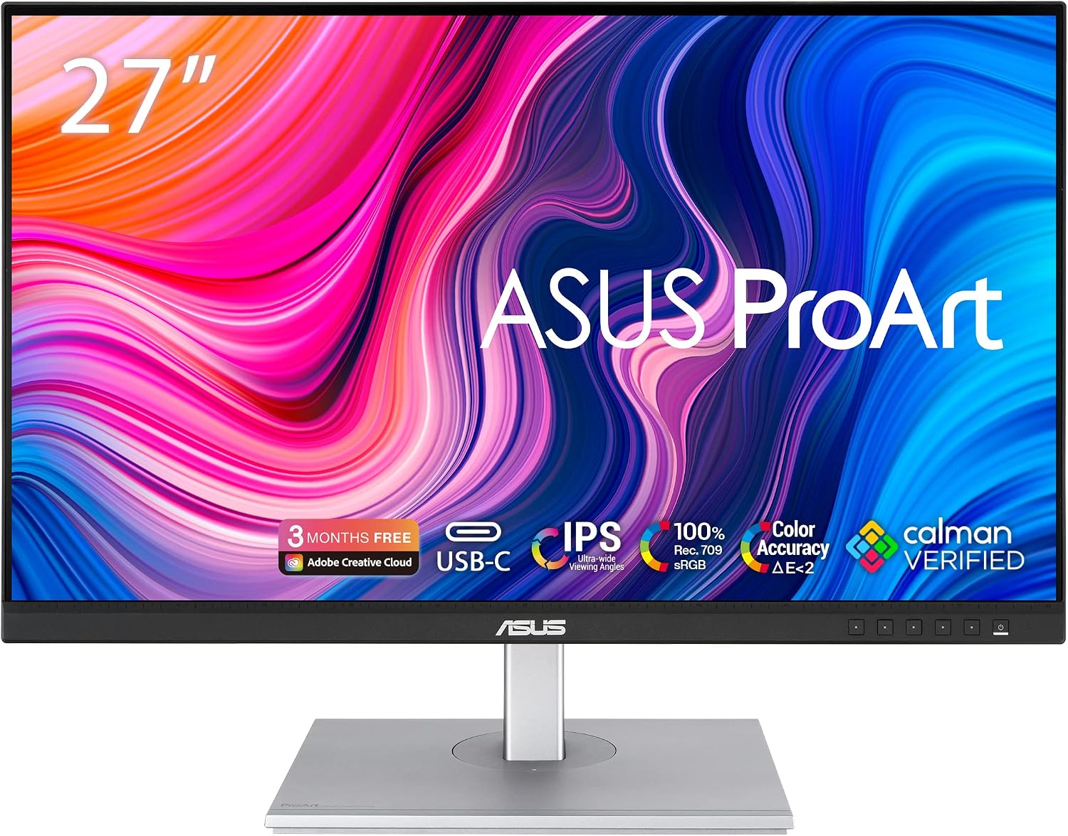 華碩 ProArt Display 27 吋顯示器 PA278CV - WQHD (2560 x 1440)，IPS 面板，100% sRGB 色域，100% Rec. 709 色域，ΔE < 2，透過 Calman 認證，配備 USB 集線器、 HDUSB-C 、ΔE < 2，透過 Calman 認證，配備 USB 集線器、USB-C 、ΔE < 2，透過 Calman 的介面介面連接器材連接器