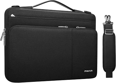 MOSISO 360° 全方位保護筆記型電腦單肩包，相容於 MacBook Pro 16 吋（2019-2023 年款，型號 M2 A2780、M1 A2485、Pro/Max A2141）以及 15-15.6 吋筆記型電腦，側開式設計，附 3 個前袋、PU 皮革筆記型電腦和黑色，皮革手提