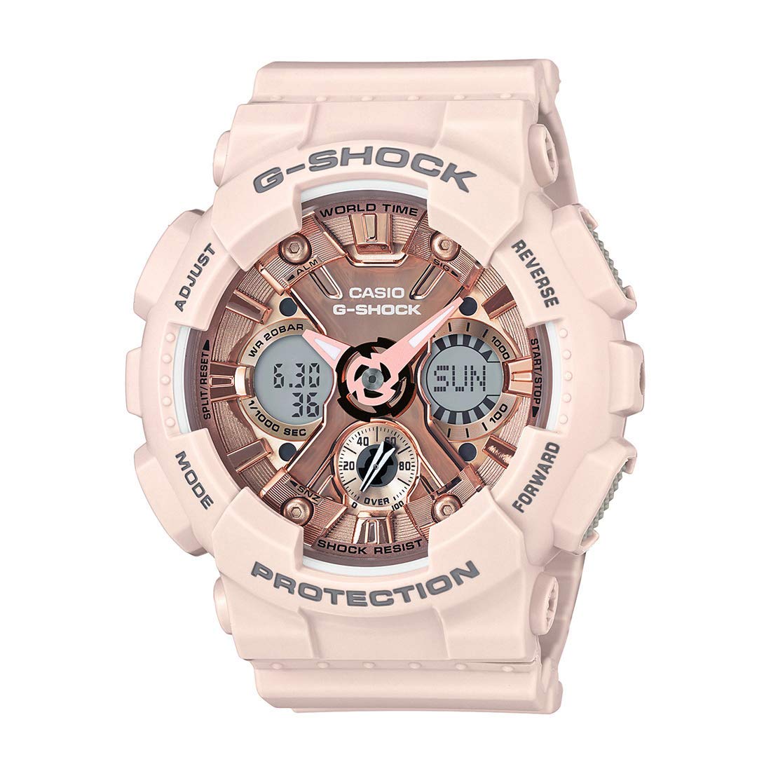 女士 G-Shock 不鏽鋼石英錶，樹脂錶帶，粉紅色，29（型號：GMA-S120MF-4ACR）
