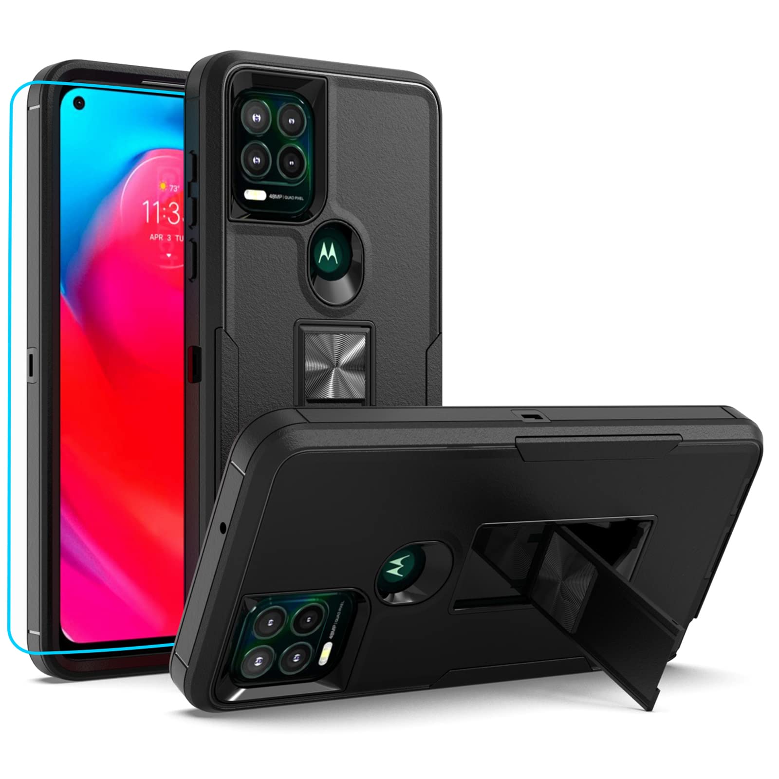 MDCN 相容於摩托羅拉 Moto G Stylus 5G 手機殼，軍規級重型防護，附高清螢幕保護貼、磁吸支架和車用支架，為 Moto G Stylus 5G 2021 提供全方位保護（黑色）