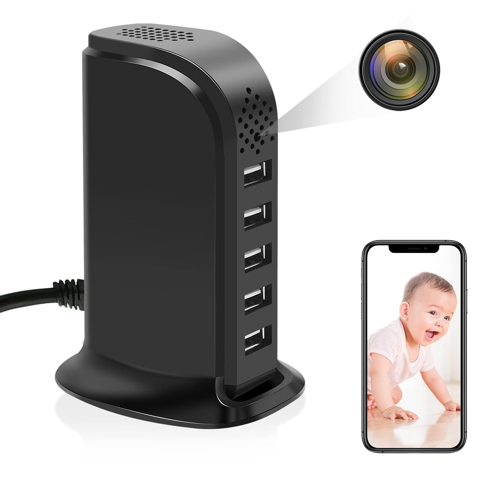 隱藏式攝影機 USB 充電器 WiFi 間諜相機 5 埠 USB 集線器 高清 1080P 無線便攜式家用安防攝影機 隱藏式保姆攝影機，帶移動偵測功能，適用於家庭和辦公室監控