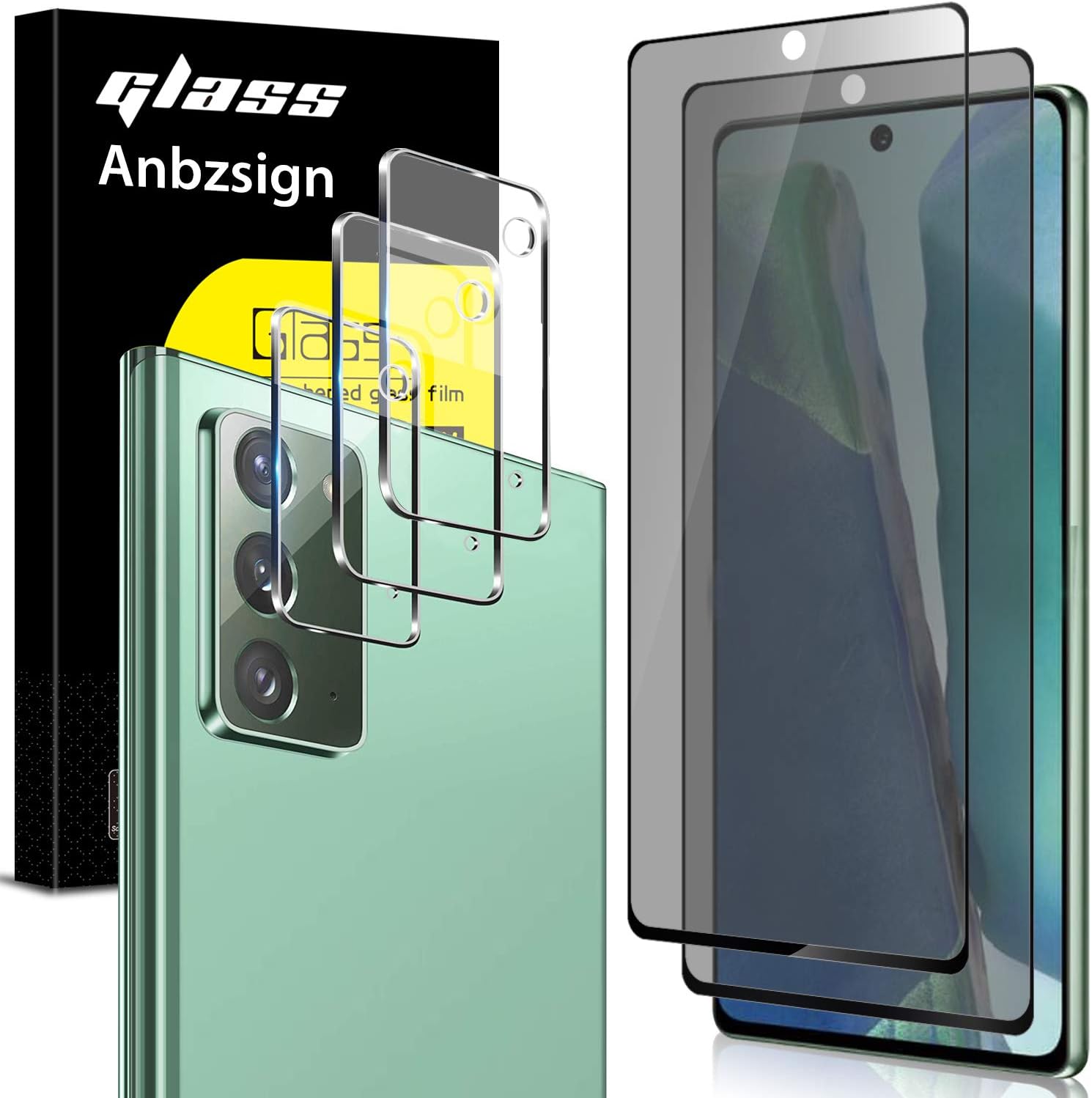 Anbel Design Anbzsign [2 片裝] 相機鏡頭保護膜和 [2 片裝] 隱私螢幕保護貼，適用於三星 Galaxy Note 20 / Note 20 5G，[全覆蓋] [相容手機殼] 防窺 9H 硬度強化膜
