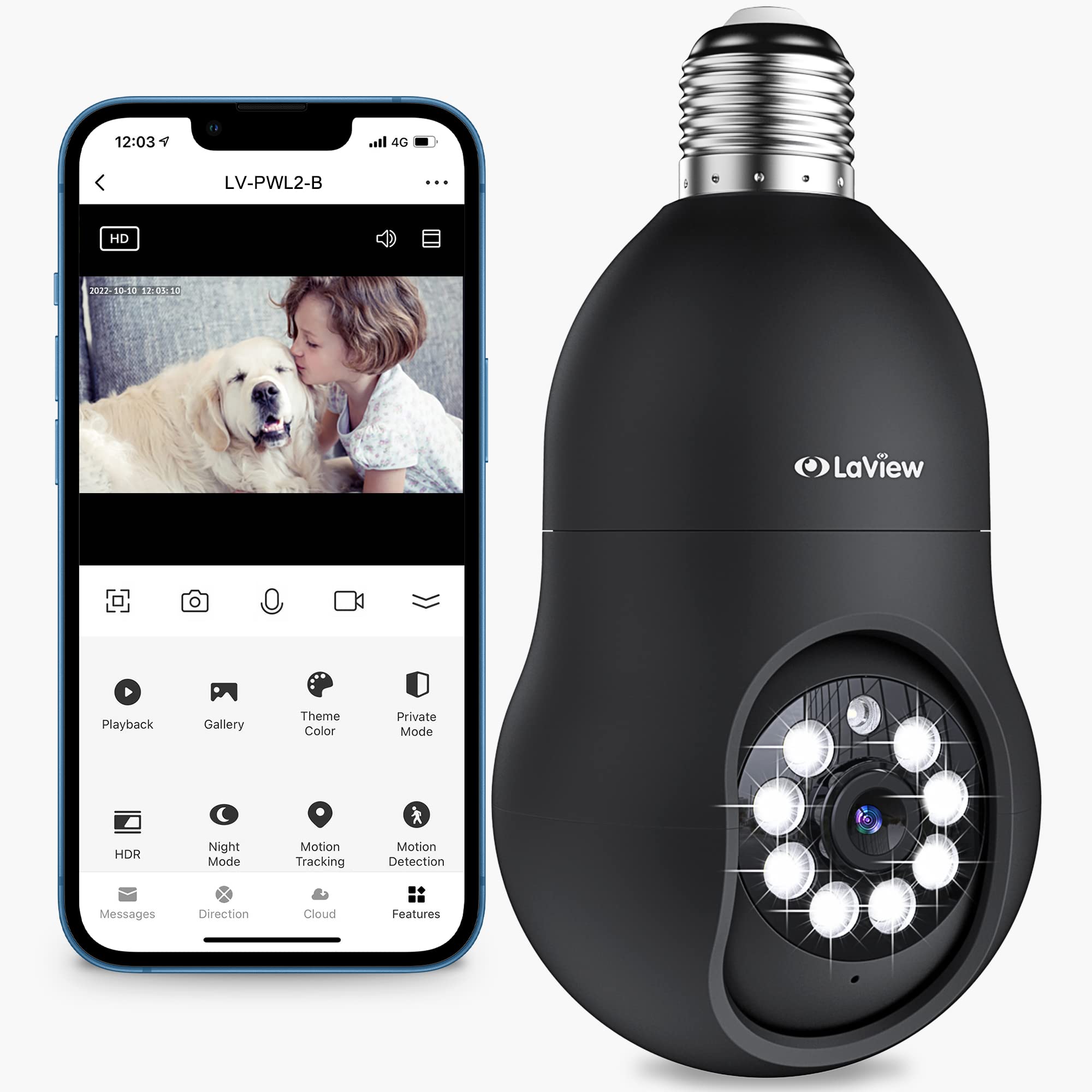 LaView 4MP 燈泡式安防攝影機 2.4GHz，360° 2K 無線室內外全彩日夜模式，移動偵測，聲音警報，安裝簡便，相容於 Alexa（黑色）
