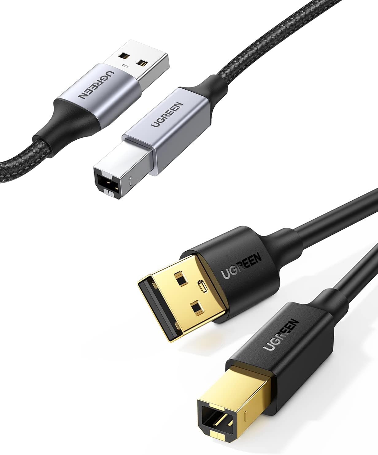 UGREEN USB 列印機電纜套裝，包含 15 英尺（約 4.5 公尺）長的 USB A 型公頭轉 B 型公頭連接線，尼龍編織，相容於 HP、Epson、Canon、Dell、Brother、Lexmark、Xerox、Samsung、Piano、DAC 等品牌印表機和掃描器。