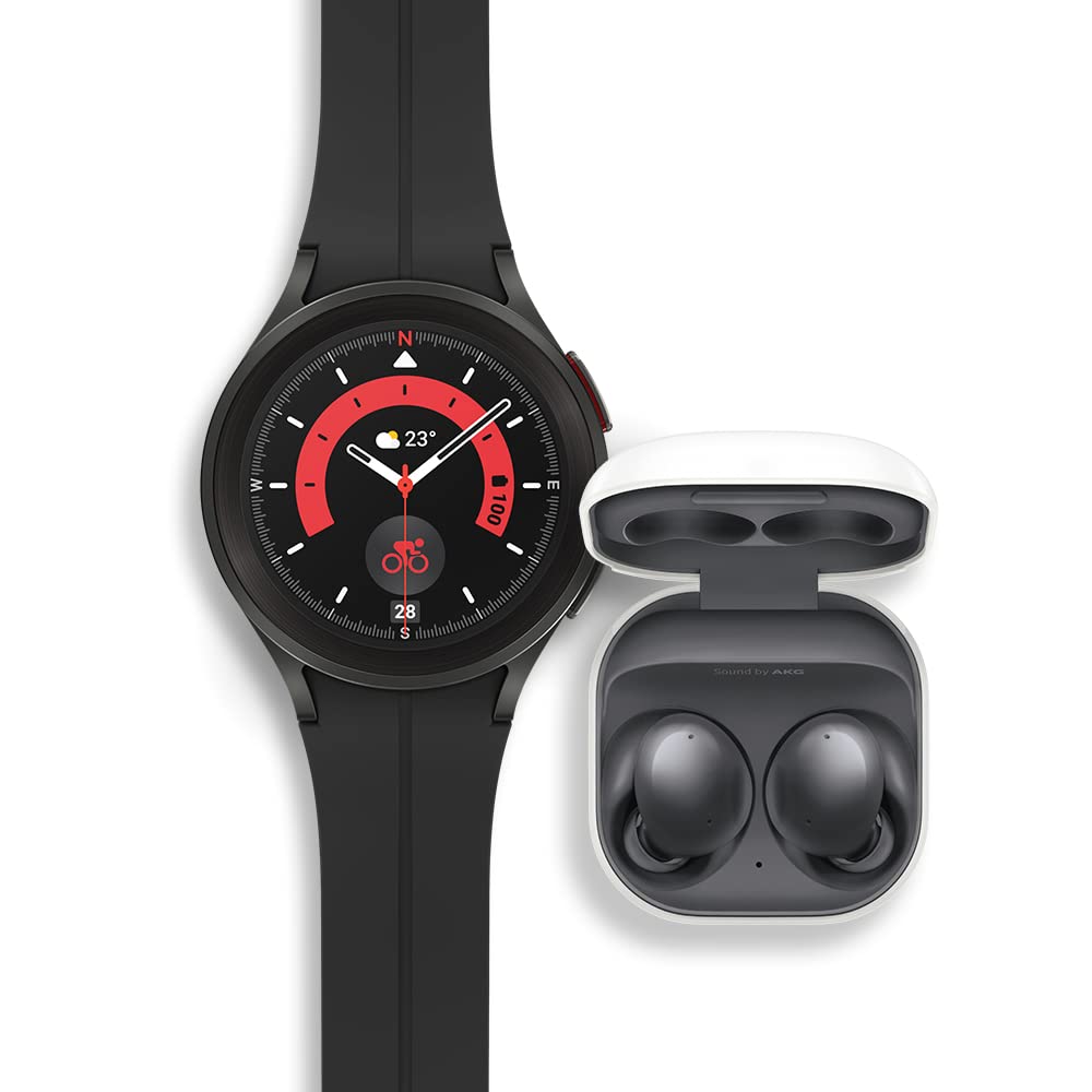 三星 Galaxy Watch 5 Pro + Buds 2 套裝，45 mm LTE 智慧手錶，具備身體、健康、健身、睡眠追蹤功能，黑色錶帶；真無線藍牙耳機，具備降噪、環境音功能，石墨色錶帶。