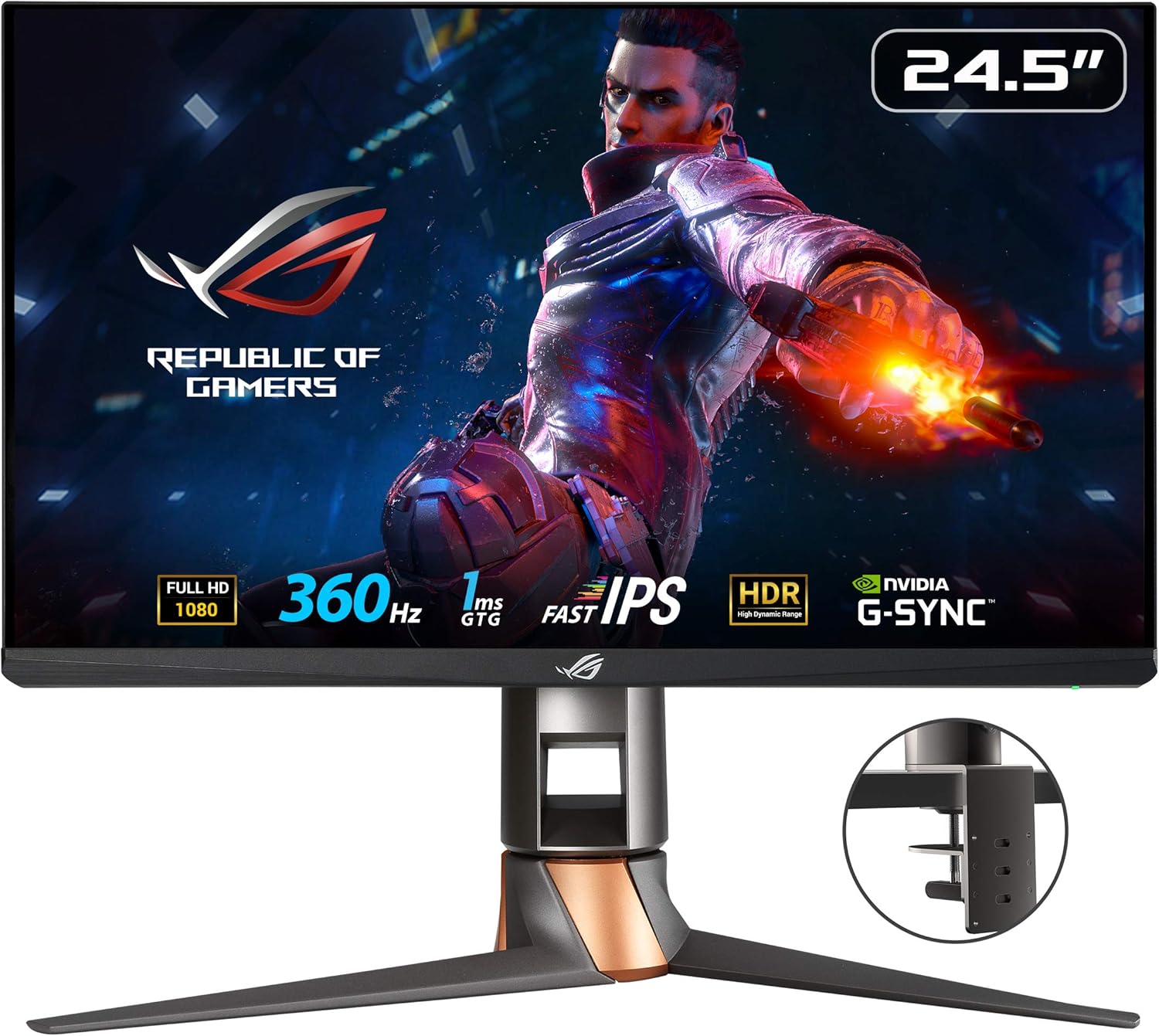 ASUS ROG Swift 360Hz PG259QNR 24.5 吋 HDR 電競顯示器，1080P 全高清，快速 IPS 面板，1ms 反應時間，支援 G-SYNC、ULMB、NVIDIA Reflex 延遲分析器，配備 HDMI、DisplayPort 和 USB 介面，附帶桌面壁安裝套件，支援掛掛式系統安裝套件。