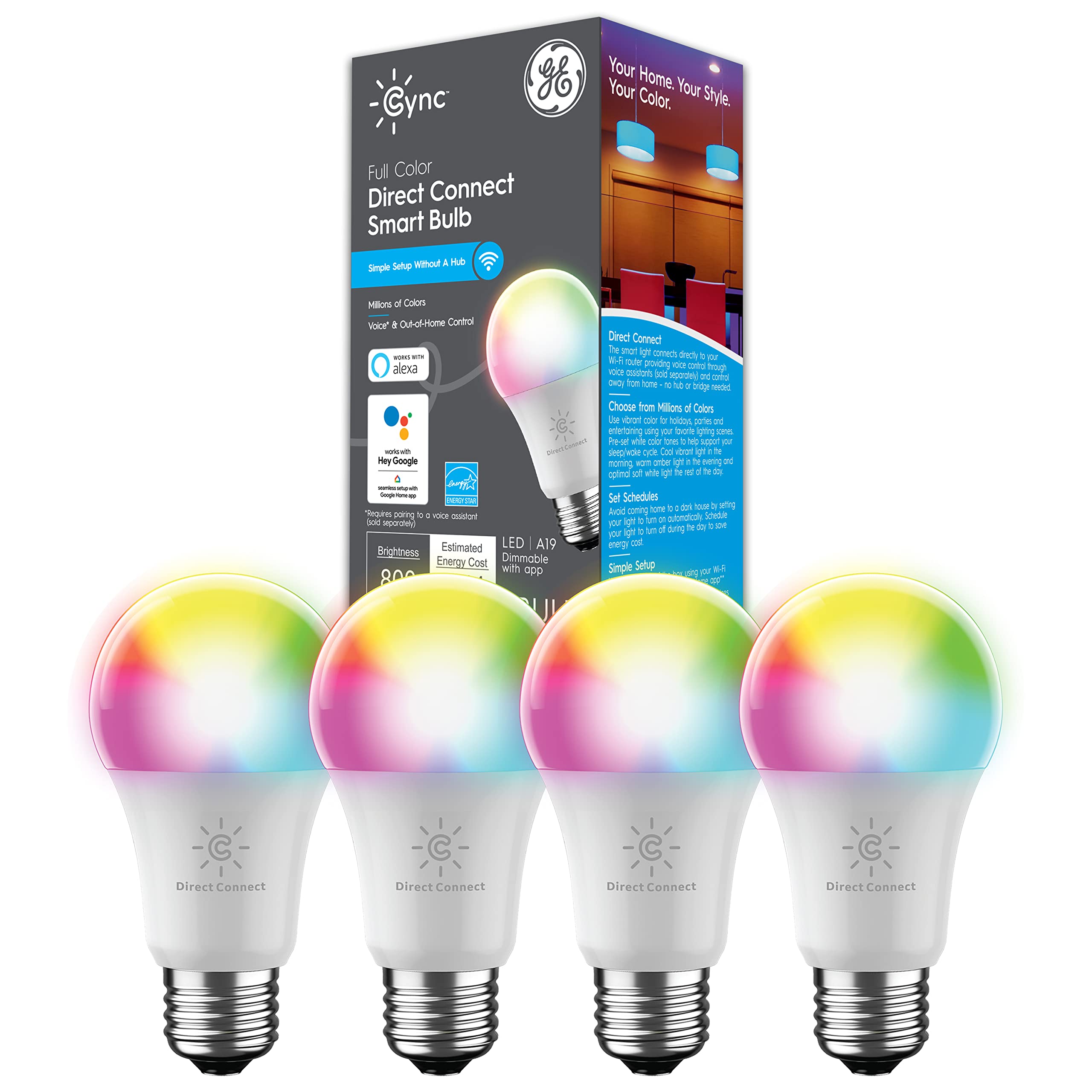 GE CYNC 智慧 LED 燈泡，全彩，支援藍牙和 Wi-Fi，相容於 Alexa 和 Google Home（4 個裝）